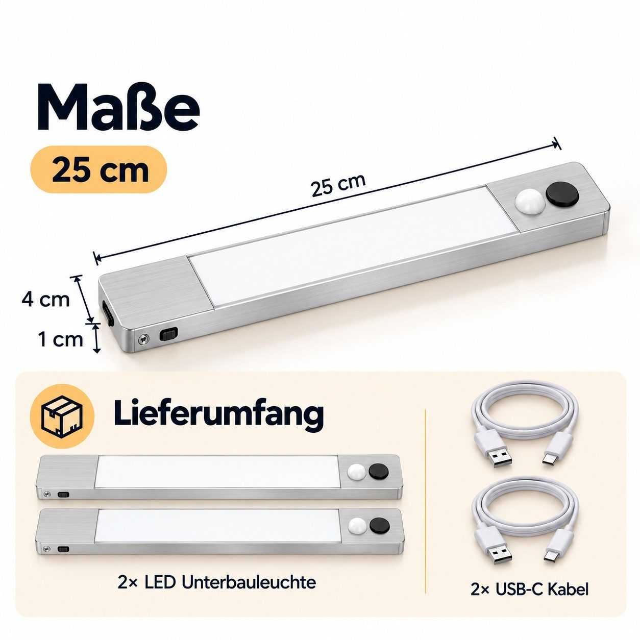 Hanseatic LED Unterbauleuchte 25 cm / Schrankbeleuchtung / Lichtleiste LUBLUGHK223, Abschaltautomatik, Bewegungsmelder, Dimmer, Dimmfunktion, Ein-/Ausschalter, Sensorschalter, Tageslichtsensor, USB-Ladefunktion, mehrere Helligkeitsstufen, LED fest integriert, Neutralweiß, Akku, 4000 K, mobile Lampe f. Schlafzimmer, Küche, magnetisch
