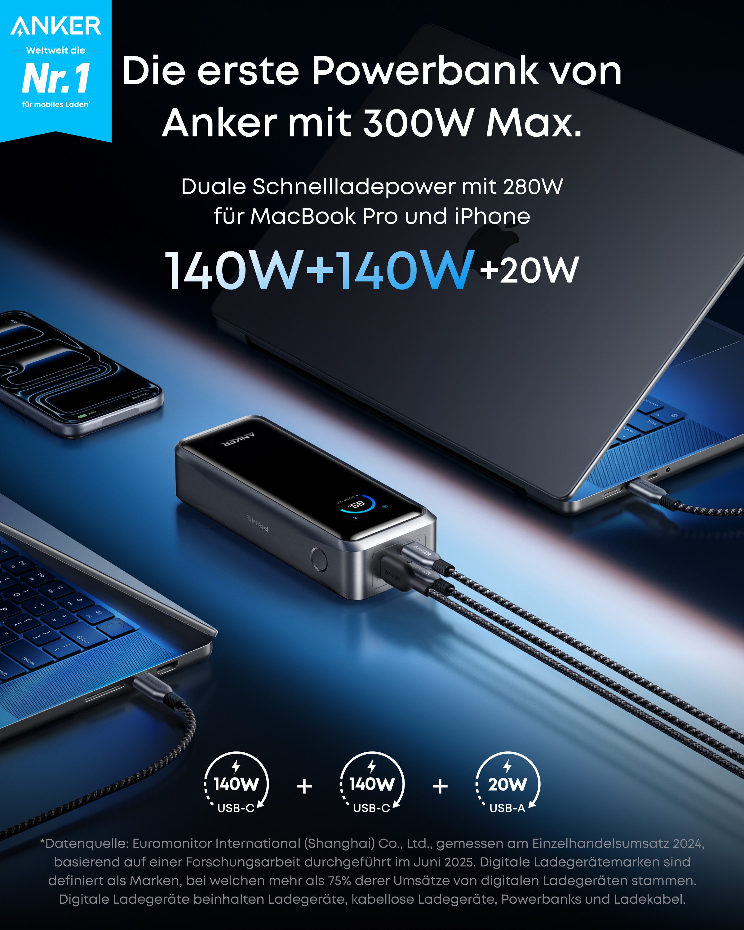 Anker Anker Prime Powerbank 26250mAh, 300W max, bidirektionales Laden Powerbank 250W Dual-Input & 140W Single-Port, TSA-zugelassen, App-Steuerung, Display 26250 mAh (5 V), kompatibel mit MacBook Pro & iPhone 17/16 (ohne Ladebasis)