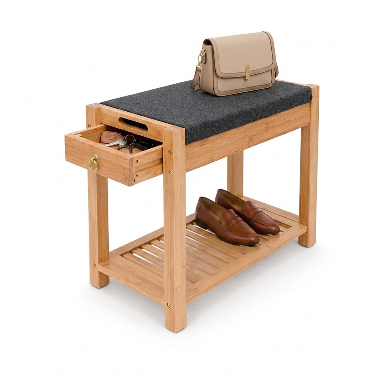 HOOZ Schuhregal Bambus Schuhbank mit Schubkasten, Sitzkisssen & 1 Ablage Natur 55,5 cm, Einzelartikel, FSC-zertifizierter Bambus, Sitzkissen, Schubkasten, Ablagefächer