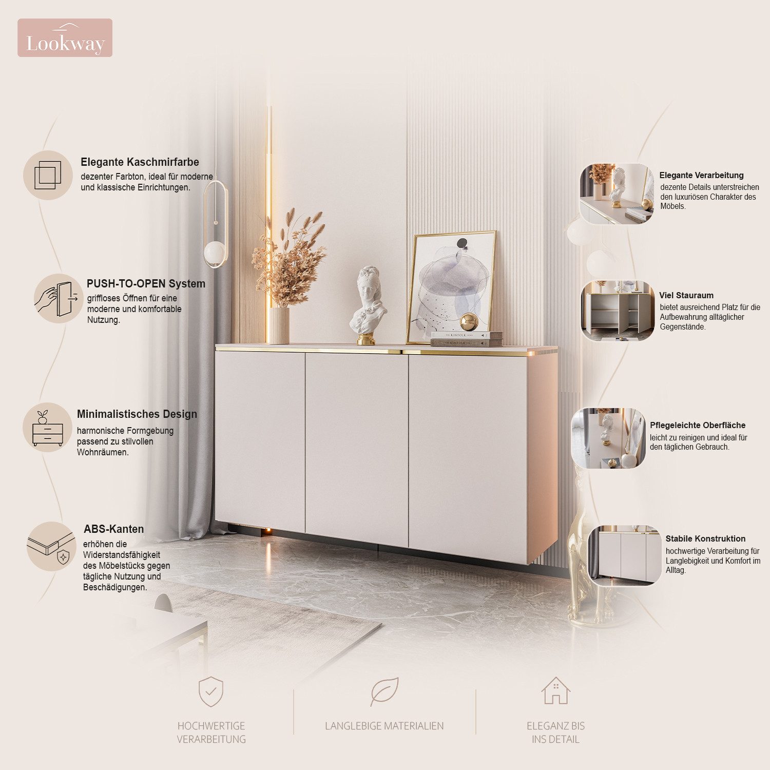 Lookway Kommode AURORA II Kaschmir Hängende Anrichte mit Dreitürige oder auf Beinen, 140x76/90/91x40 cm – Bild 3 von 5
