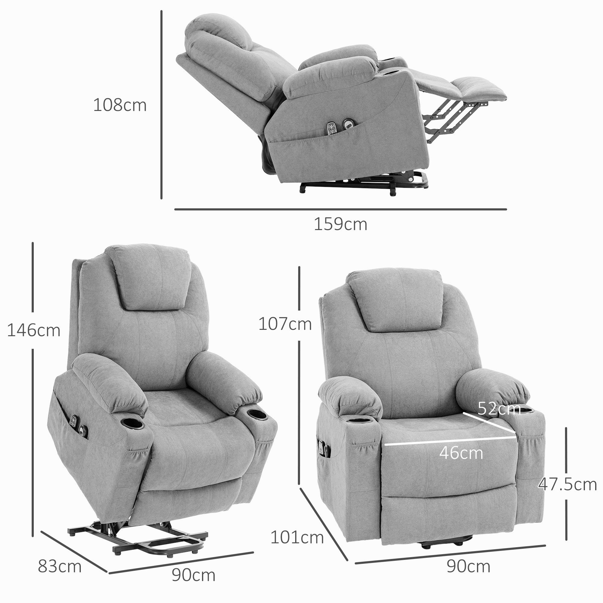 HOMCOM Massagesessel Elektrischer Aufstehsessel mit Seitentaschen (Fernsehsessel mit Fernbedienung, 1-St., Relaxsessel mit Liegefunktion), für Arbeitszimmer, Wohnzimmer, Hellgrau