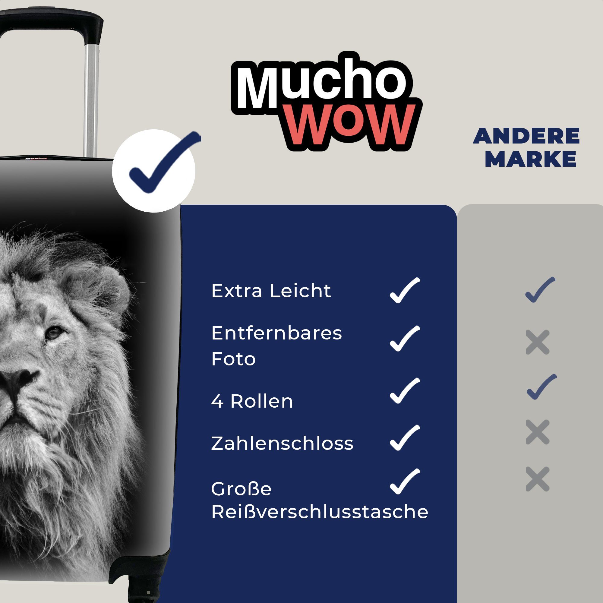 4 Trolley, Handgepäck Reisetasche MuchoWow rollen, Reisekoffer schwarzem vor für Ferien, Hintergrund Weiß, Handgepäckkoffer Löwe Asiatischer und Schwarz mit in Rollen,