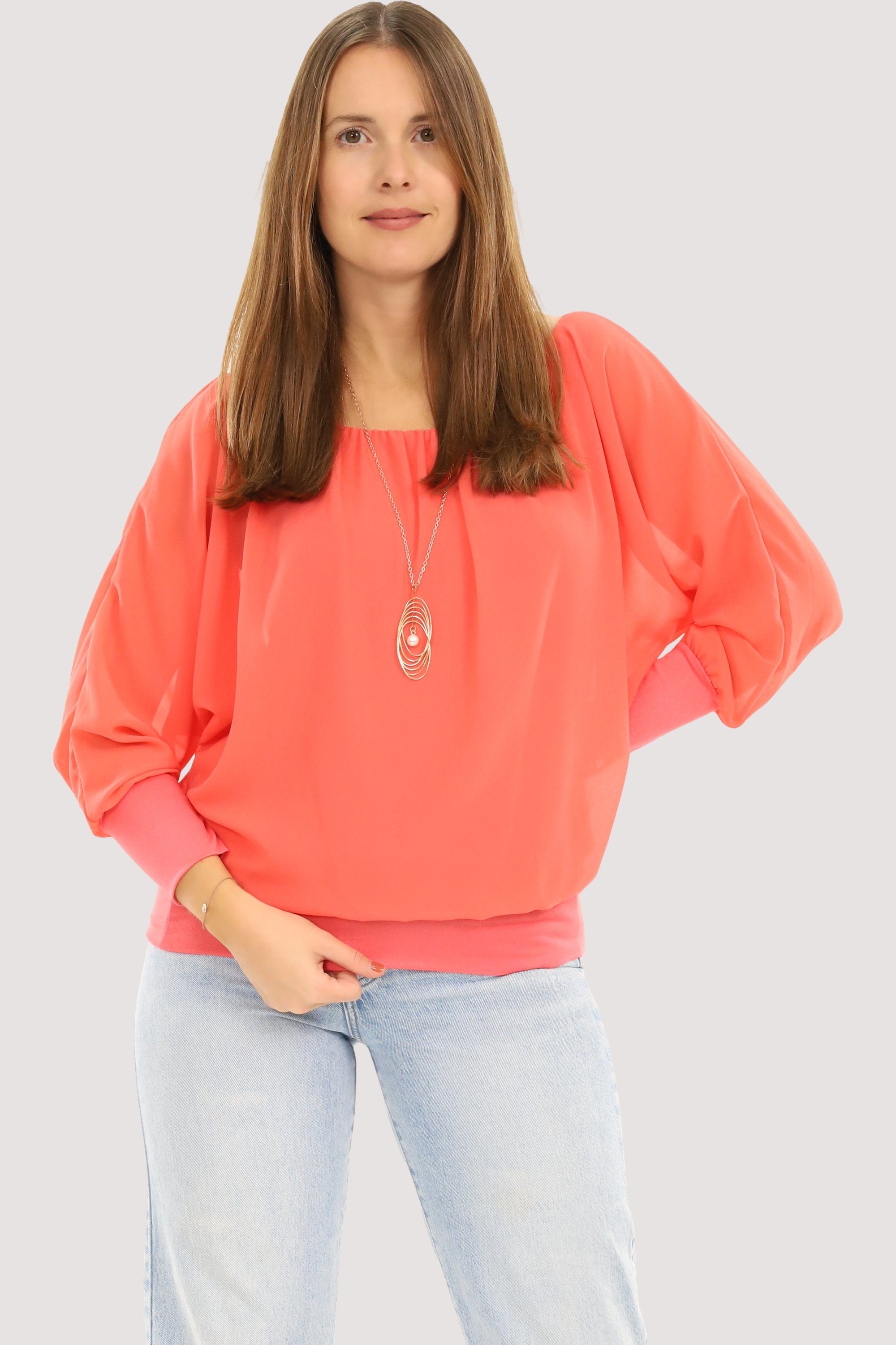 malito more than fashion Chiffonbluse 1133 Bluse mit Fledermausärmeln Einheitsgröße coral