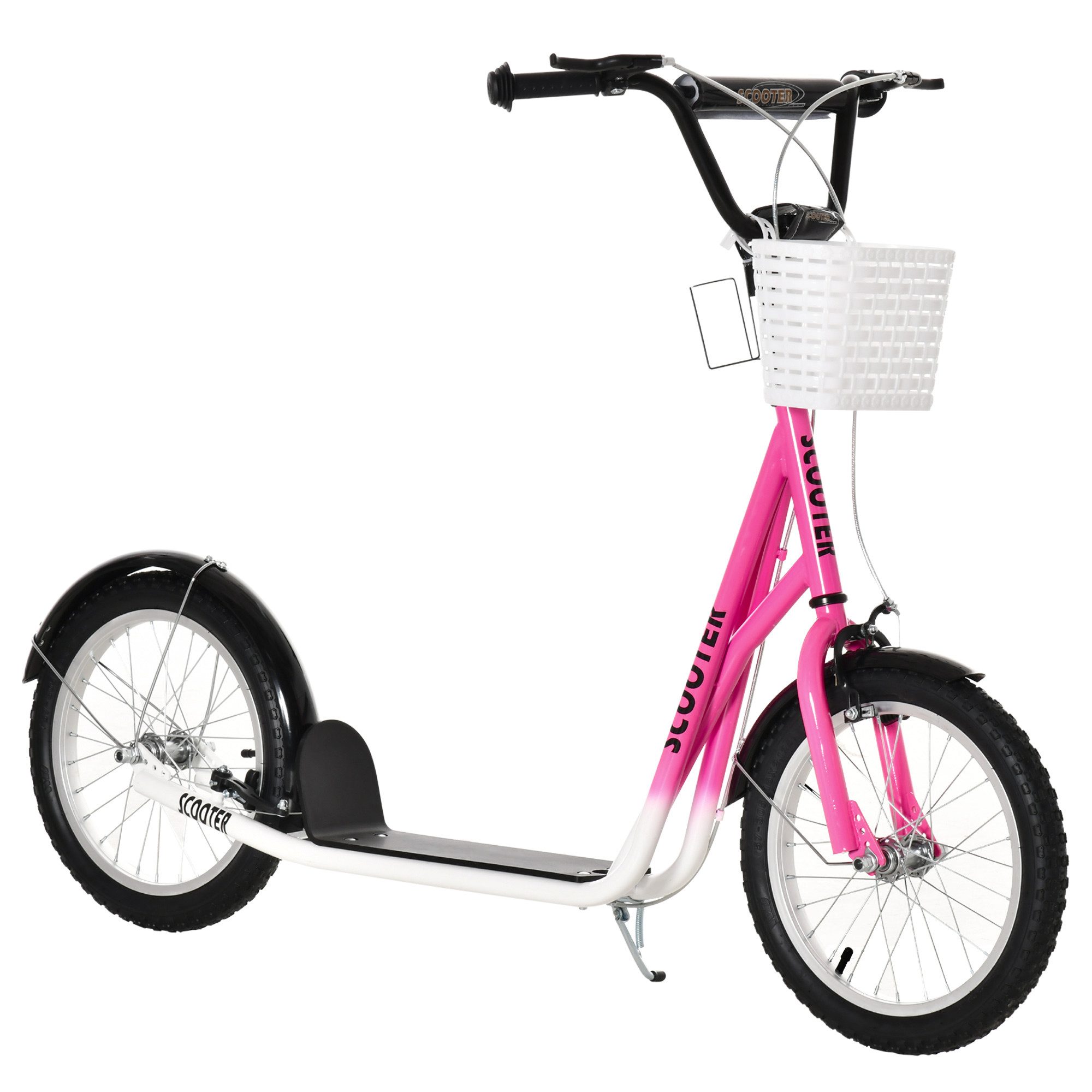 HOMCOM Cityroller Roller Kinderroller mit Luftreifen Handbremse 16 Zoll Tretroller, 1 km/h, (Roller, 1 tlg., Kickscooter), für 5-12 Kinder, Rosa+Schwarz