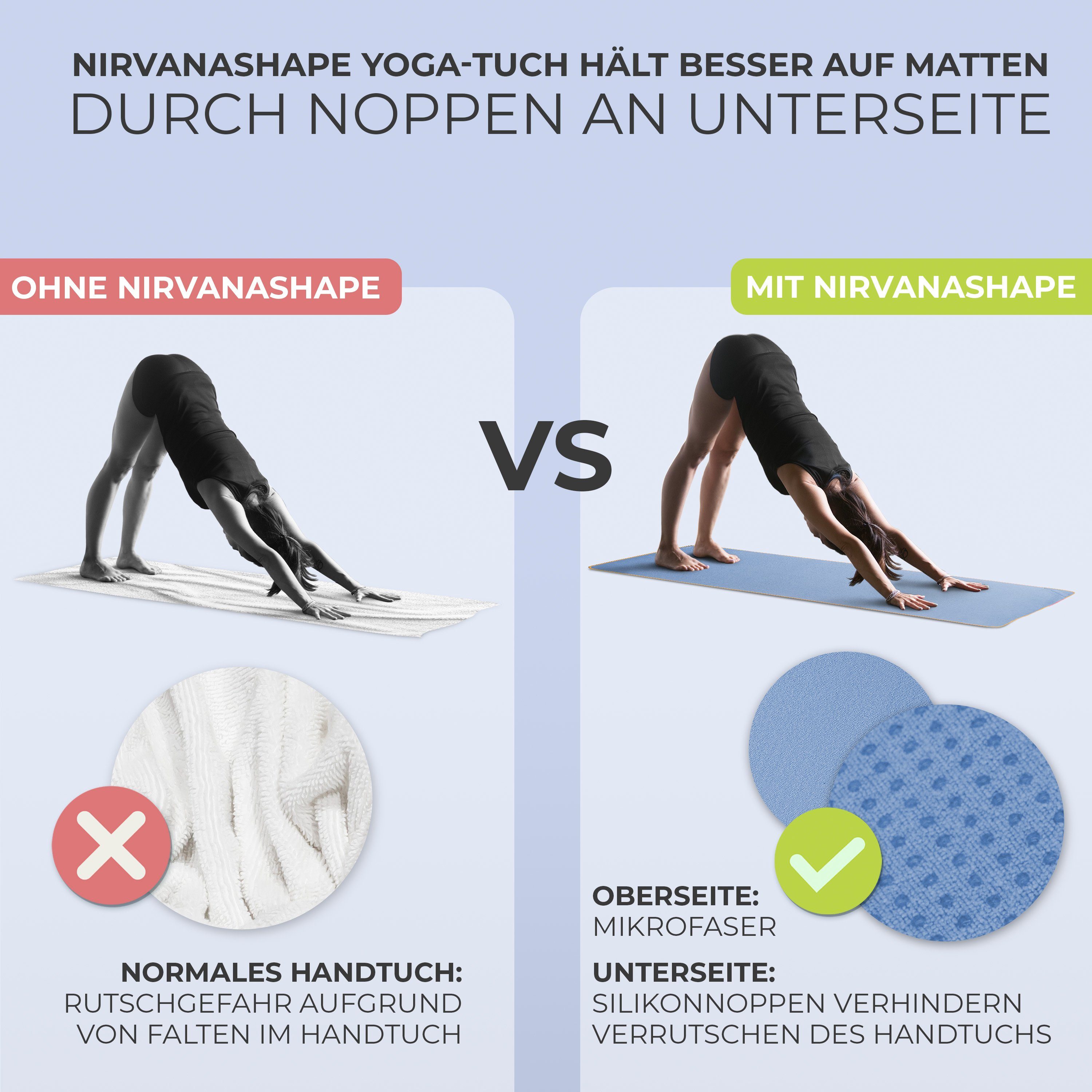 NirvanaShape Sporthandtuch Yoga Handtuch mit Antirutsch-Noppen, Yogatuch-Auflage für Yogamatte, Microfaser, +Yoga Einführungs eBook, Yogatuch-Auflage Saugstark, Hygienisch