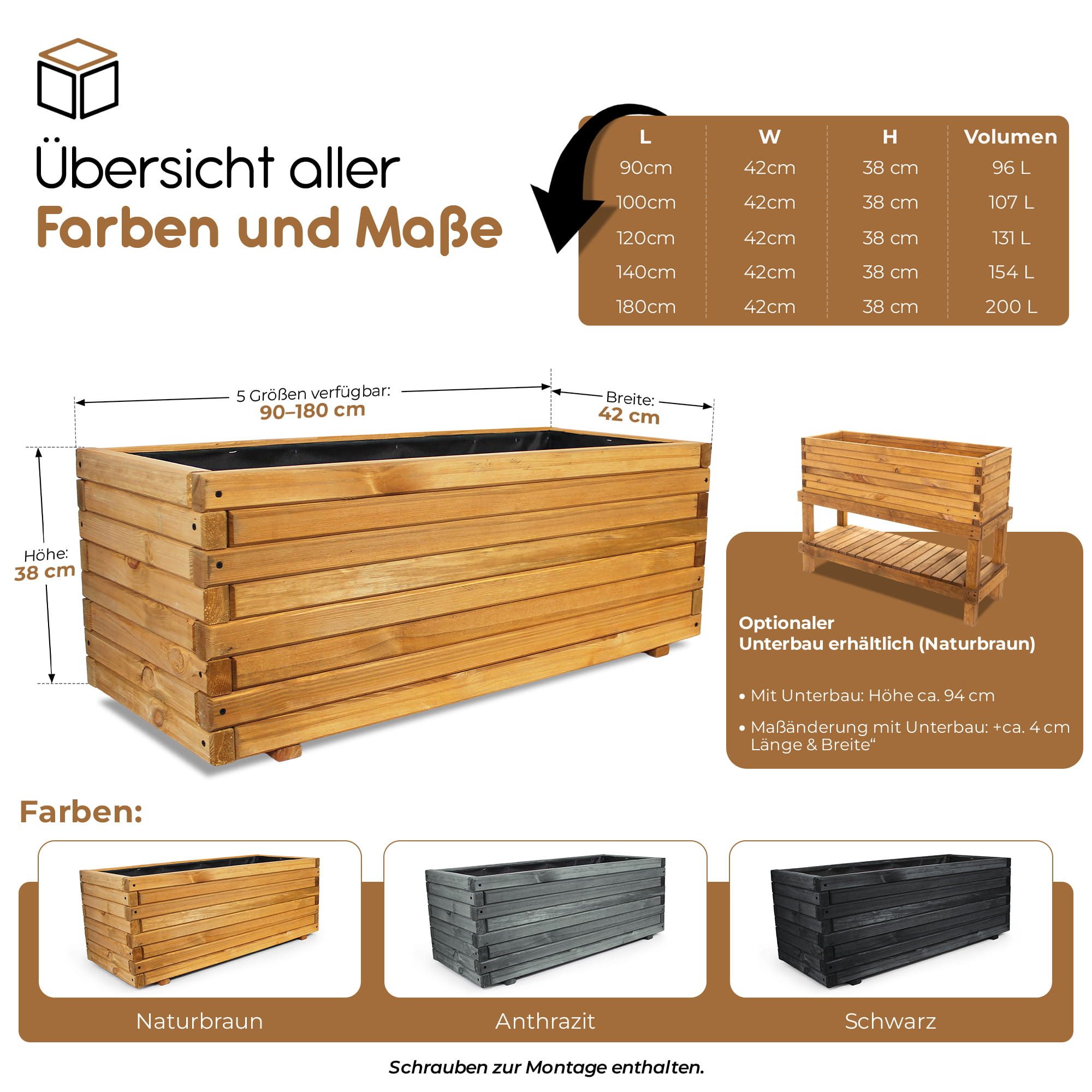 BooGardi Pflanzkübel groß außen & innen mit Vlies · Blumenkasten XXL (Pflanzkasten rechteckig · 90 cm naturbraun), 10 Größen · Hochbeet · Holz · für Garten, Balkon & Terrasse