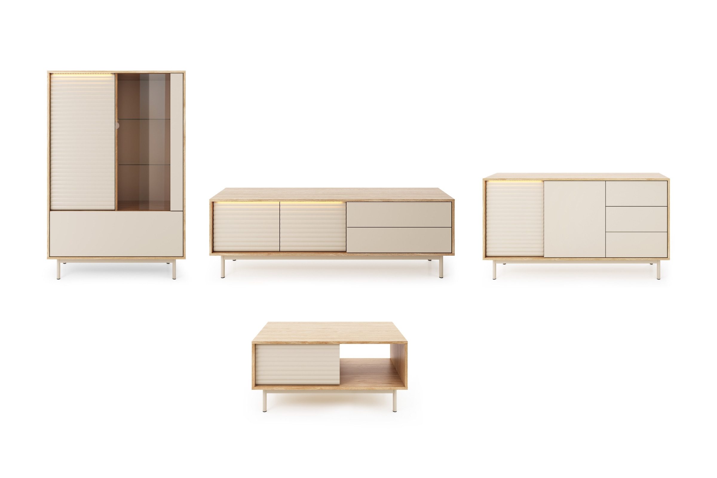 Deine Möbel 24 Wohnzimmer-Set TOGY A 3/4 - tlg. in Kaschmir / geölte Eiche, (Wohnzimmer-Set, 4-St., 3-teilig / 4-teilig), vertikal geriffelte Fronten, warme Farbkombination, LED-Beleuchtung