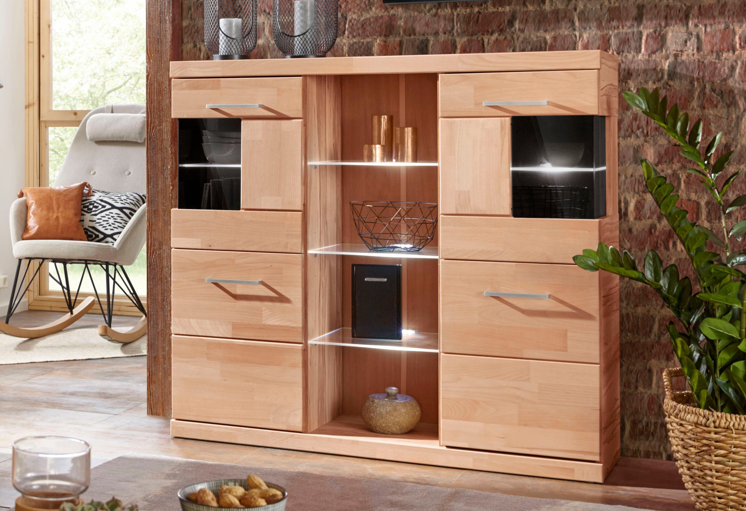 Home affaire Highboard Ribe,120cm breit,112cm hoch,Oberplatte massiv,12 Fäc günstig online kaufen