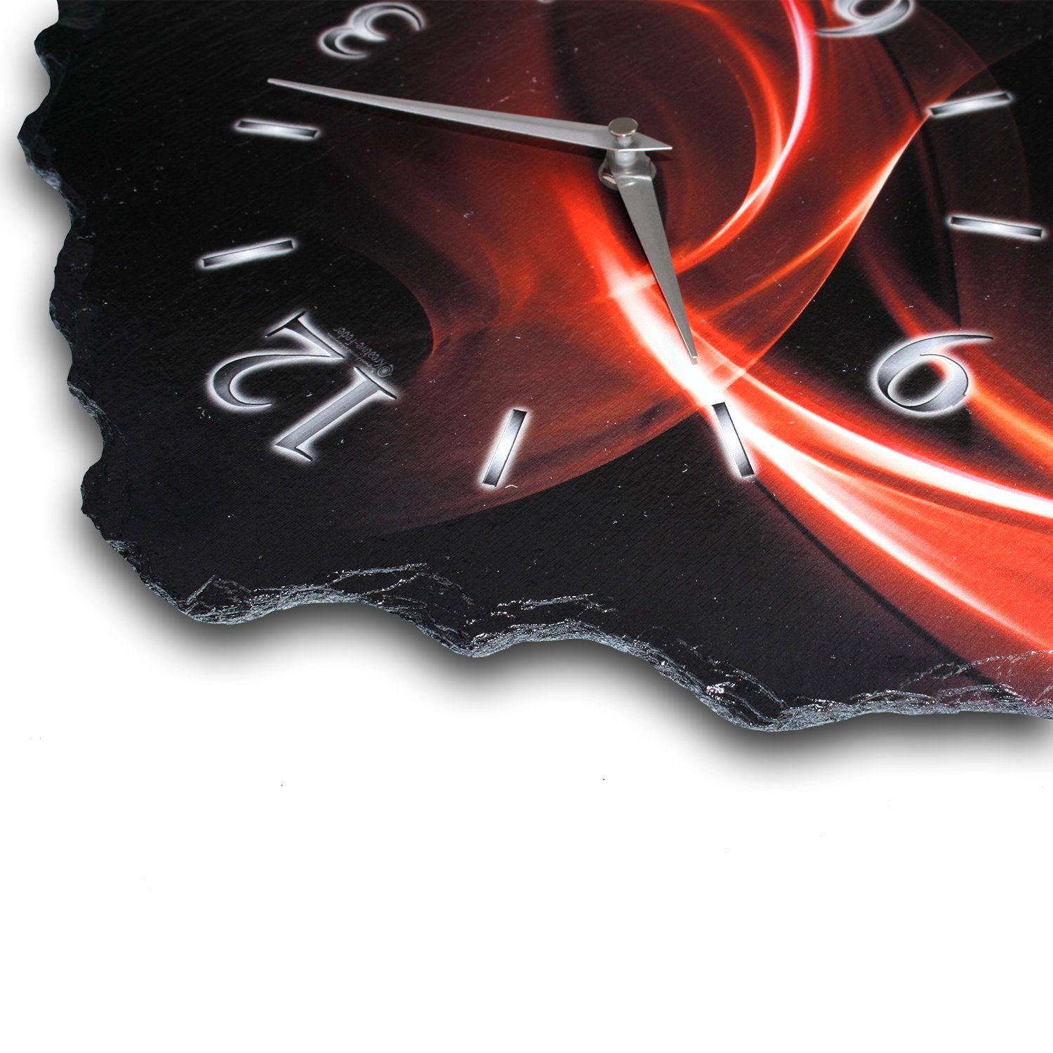 Kreative Feder Wanduhr Design-Wanduhr aus Stein (Beton) „Abstrakt Rot“ (Funk- oder Quarzuhrwerk; ohne Ticken; elegant, außergewöhnlich, modern)