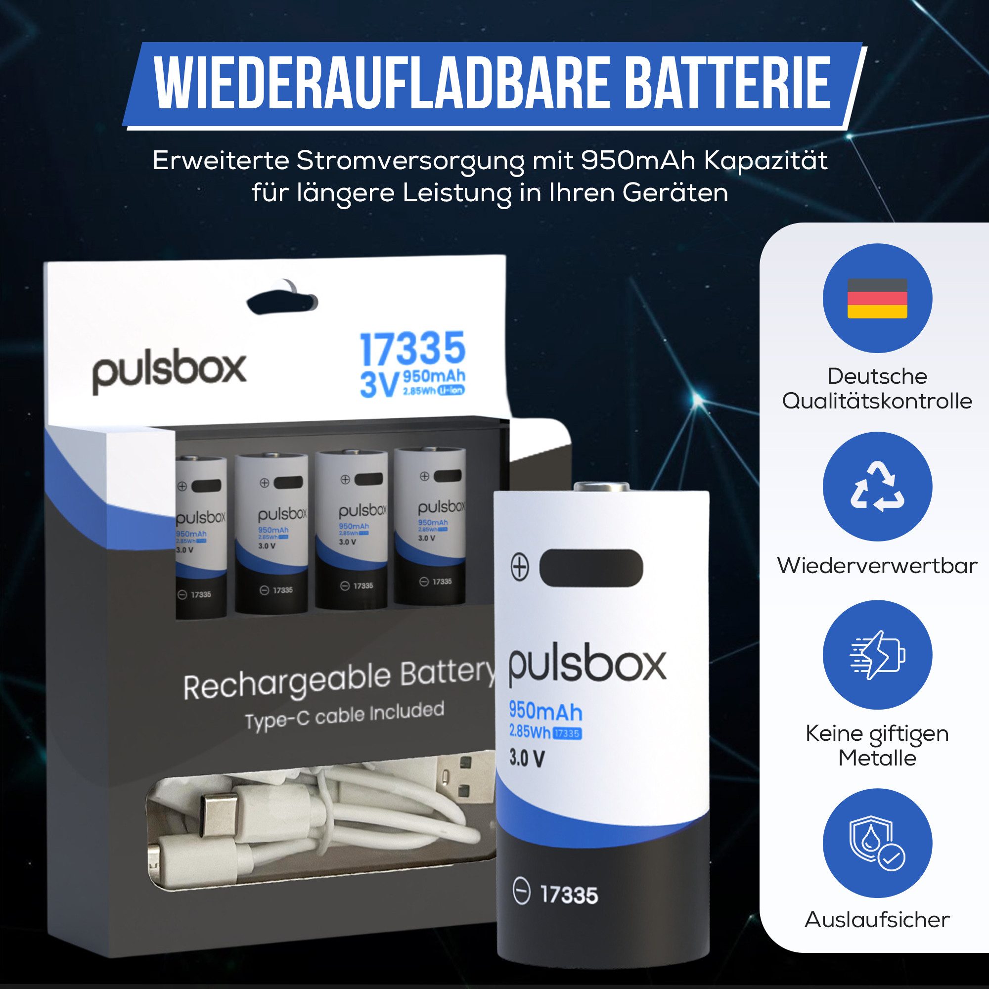 pulsbox RCR123A Akku Li-Ion 3.0V - 3.7V 950mAh USB-C wiederaufladbar Akku, - passend für CR123A 16340 Geräte