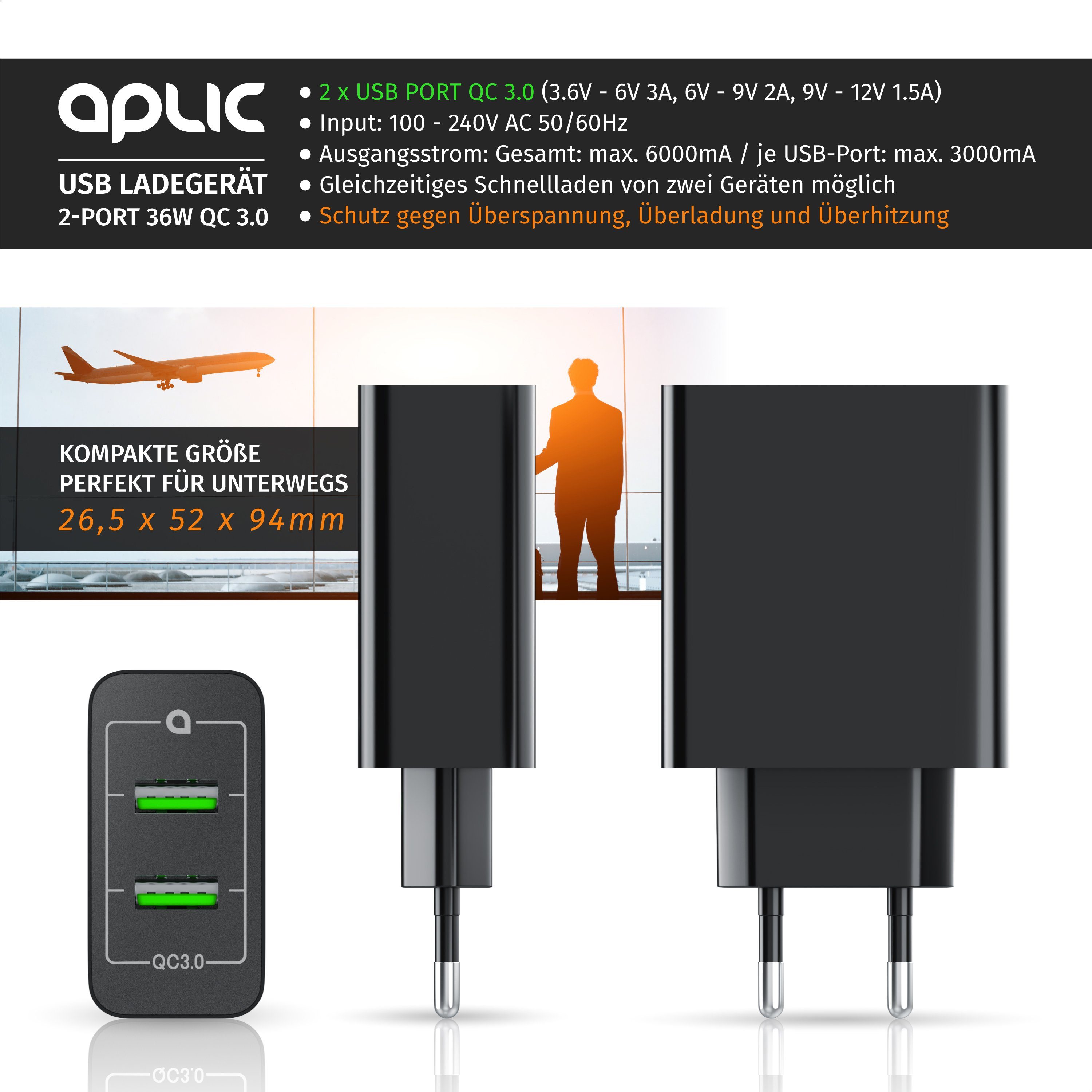 Aplic USB-Ladegerät (6000 mA, 2-Port Quick Charge USB Ladegerät 36 W / 6000 mA / Schnellladefunktion)