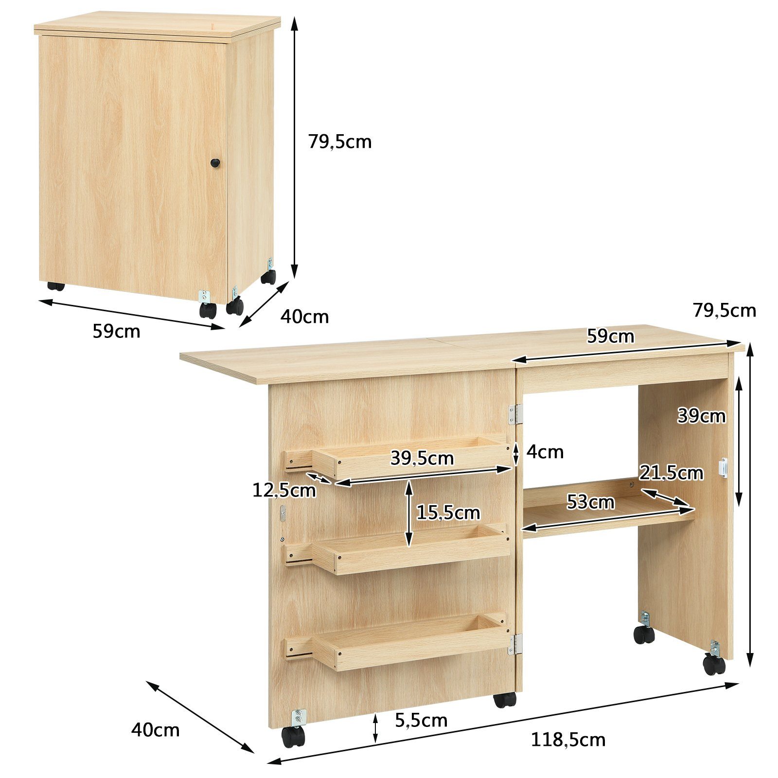 118,5x40x79,5cm Regal-Schreibtisch, COSTWAY beige rollbar, klappbar & Stauraum, mit