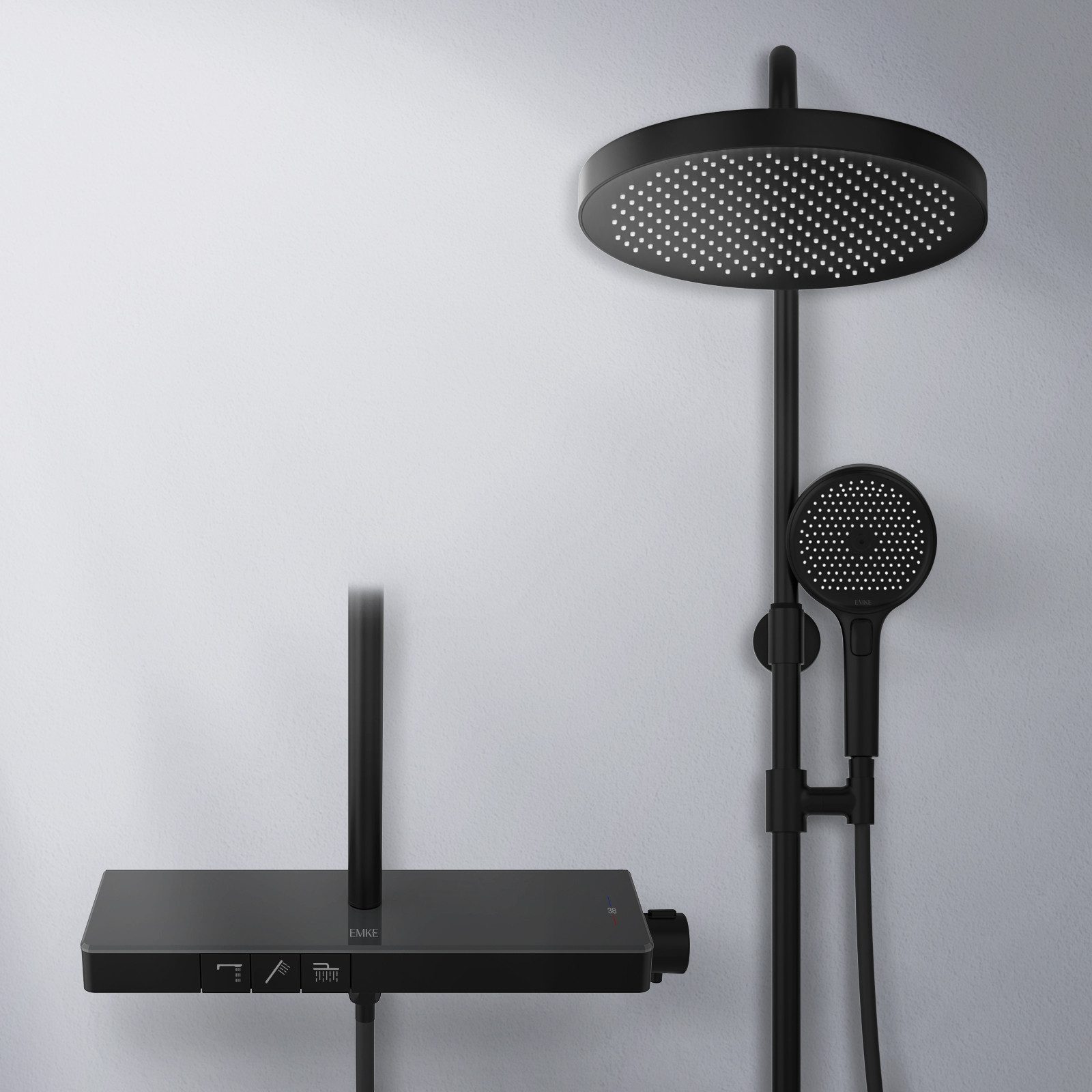 EMKE Duschsystem Thermostat Duschset Runder Kopfbrause und Duscharmatur chrom, Thermostat Duscharmatur mit großer 400mm Ablage und ∅32cm Kopfbrause