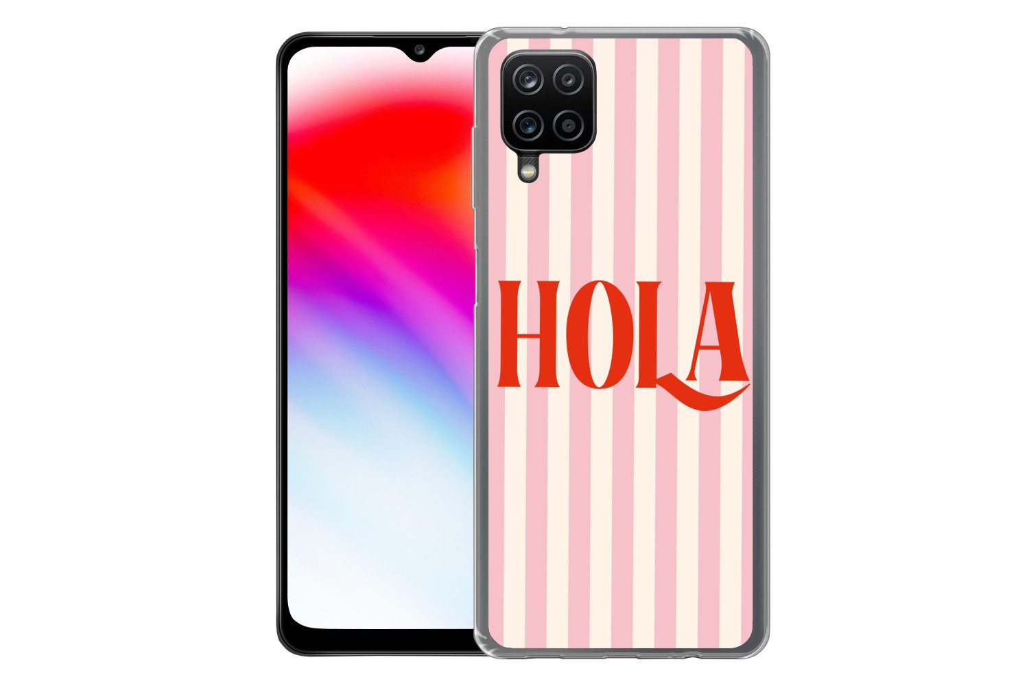 MuchoWow Handyhülle für Samsung Galaxy A12 Hola - Zitat - Streifen - Pastell - Rosa - Rot, Smartphone-Bumper, Print, Handy Schutzhülle Dünn