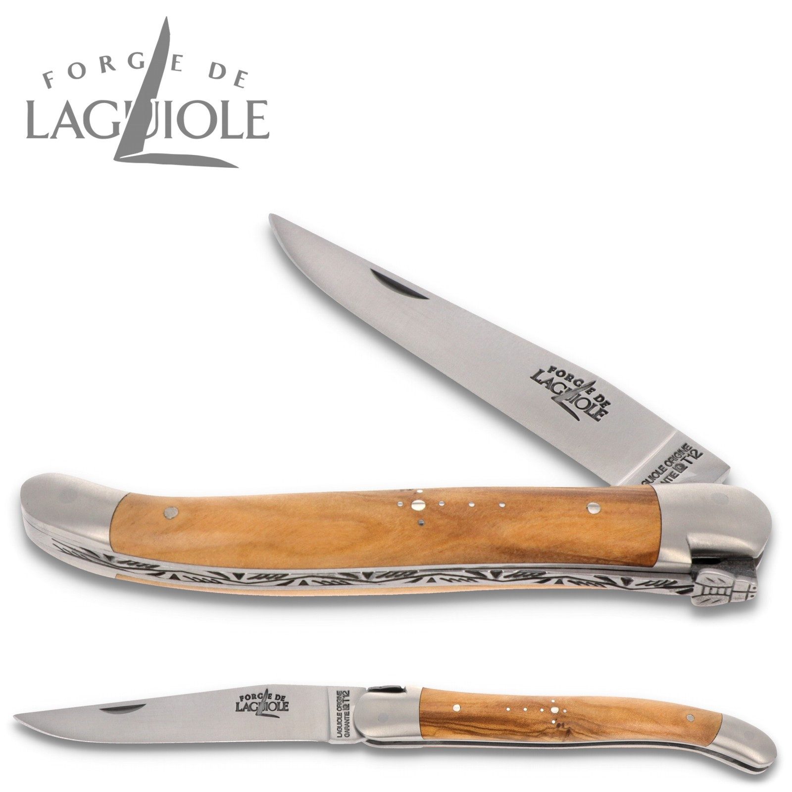 Forge de Laguiole Taschenmesser 1211 IN OL SAT, Griff 11cm Olive - Verzierte Feder - Klinge Backen Stahl satiniert