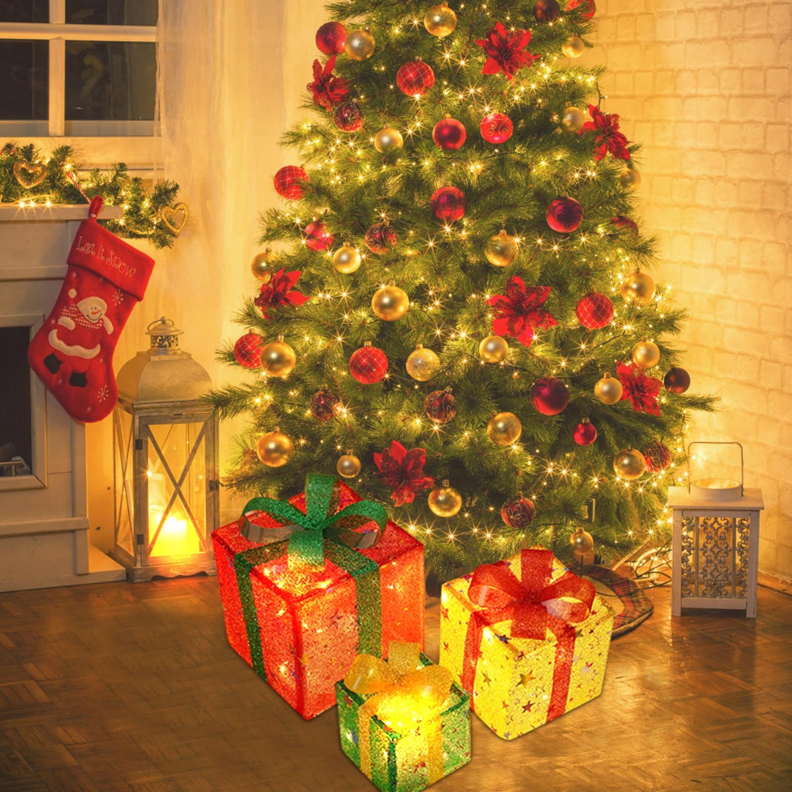 Jibenhome LED Dekolicht Weihnachtenbox LED Beleuchtete Geschenkbox 3er Set,mit Timer, LED fest integriert, Für den Weihnachtsbaum, zu Hause, in Geschäften, Büros und Restaurants