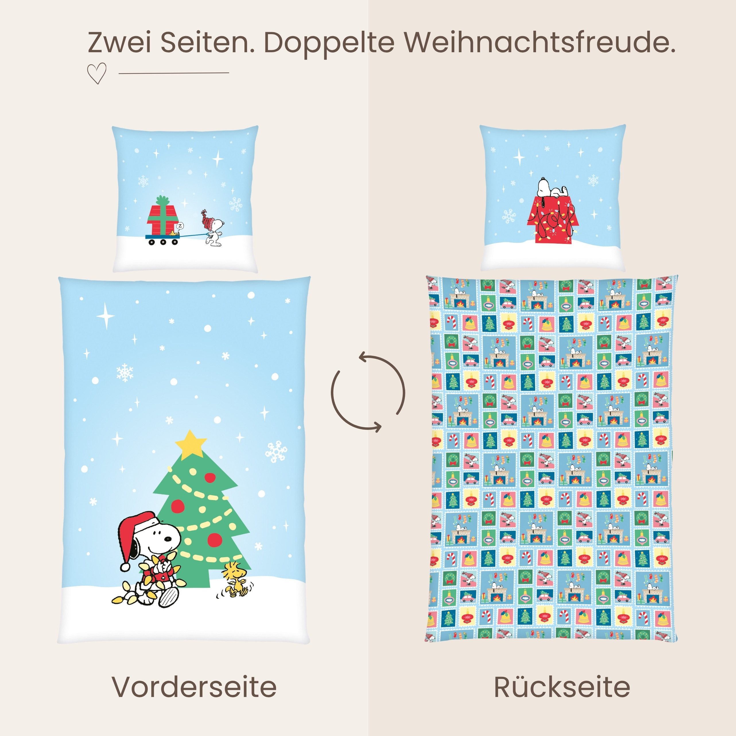 MTOnlinehandel Bettwäsche Snoopy 135x200 cm Peanuts Weihnachtmotiv, Mikrofaser, 2 teilig, Wendebettwäsche für Mädchen und Jungs mit Snoopy & Woodstock – Bild 4 von 5