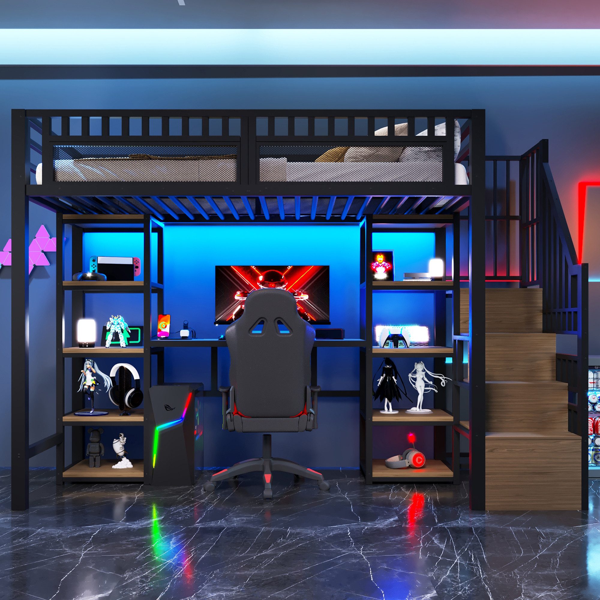 Odikalo Hochbett Kinderbett Jugendbett 90x200 140x200 mit LED und Schreibtisch (Eisenrahmen, Ablagefach, Leiter mit Stauraum, Schreibtisch, LED-Lichtleiste, USB-Anschluss inklusive, ohne Matratze, schwarz / weiß)