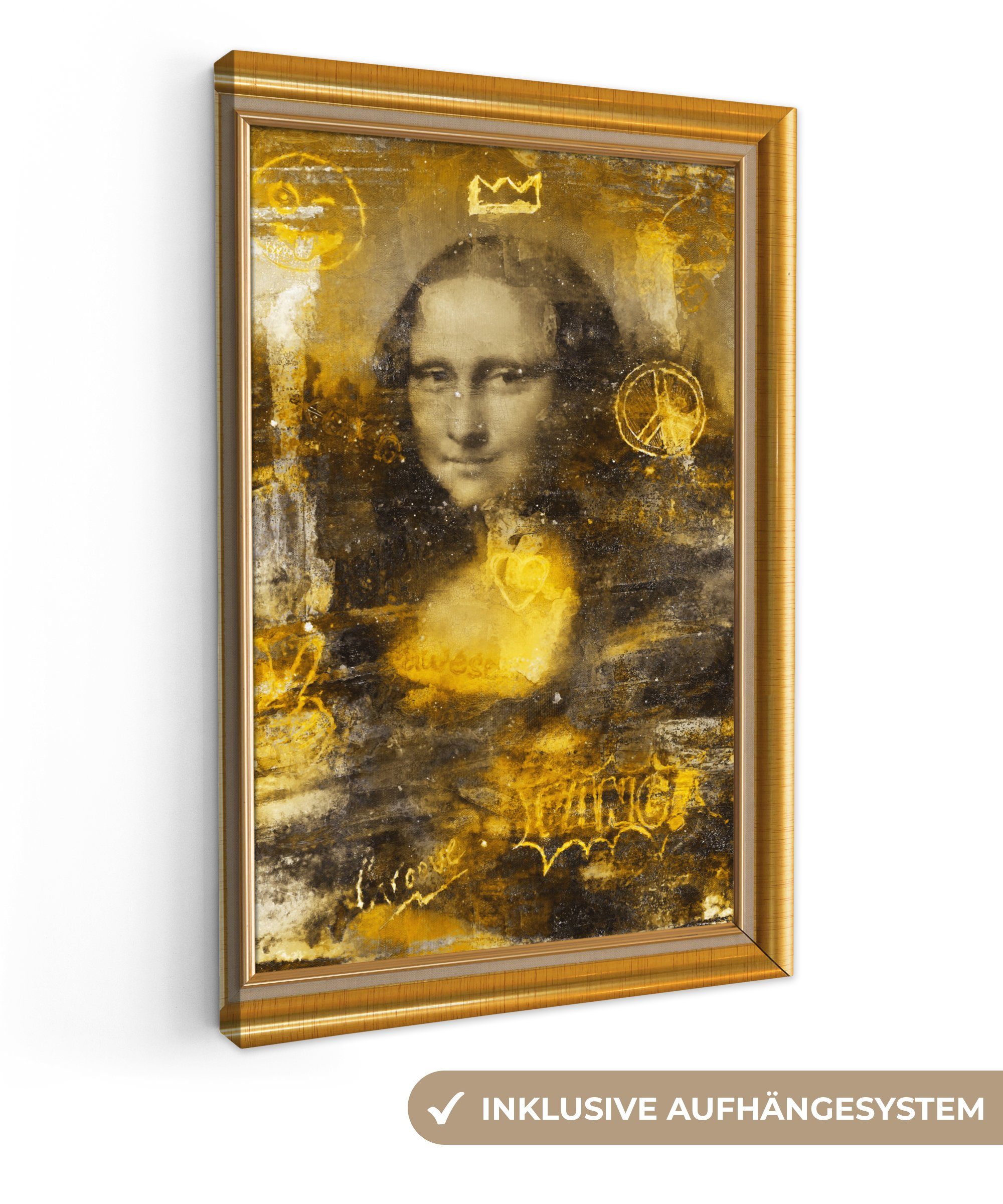 OneMillionCanvasses® Leinwandbild Da Mona cm - St), - Gold, inkl. - Zackenaufhänger, (1 Leinwandbild Gemälde, fertig bespannt Lisa Liste 20x30 Vinci