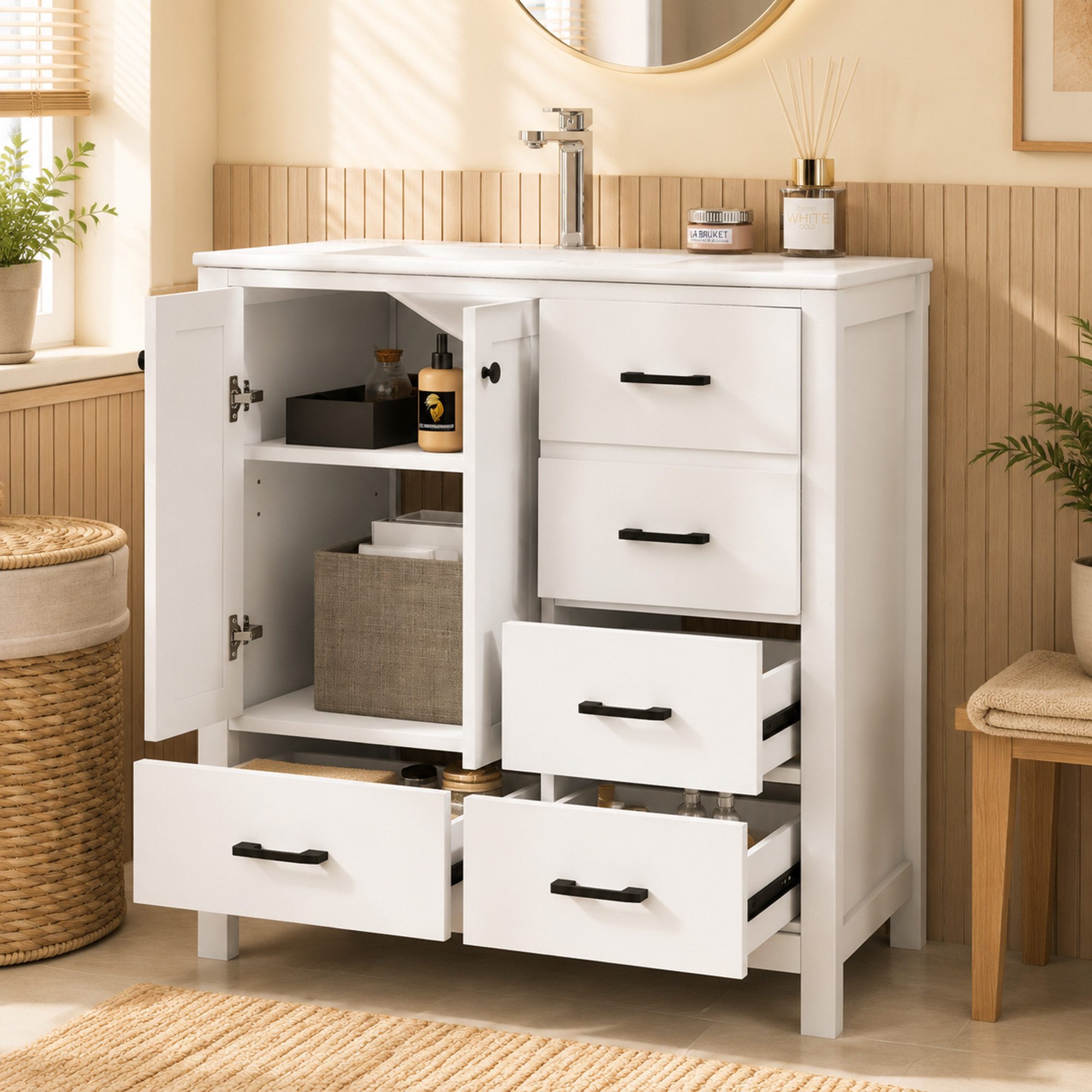 Flieks Waschtisch mit 4 Schubladen, bodenstehend Waschbeckenunterschrank mit Waschbecken (B76/T46/H82 cm, 1-St., bodenstehend, Badschrank Badzimmerschrank Volllackierung), Badezimmerschrank mit verstellbarer Einlegeböden Badmöbel Weiß
