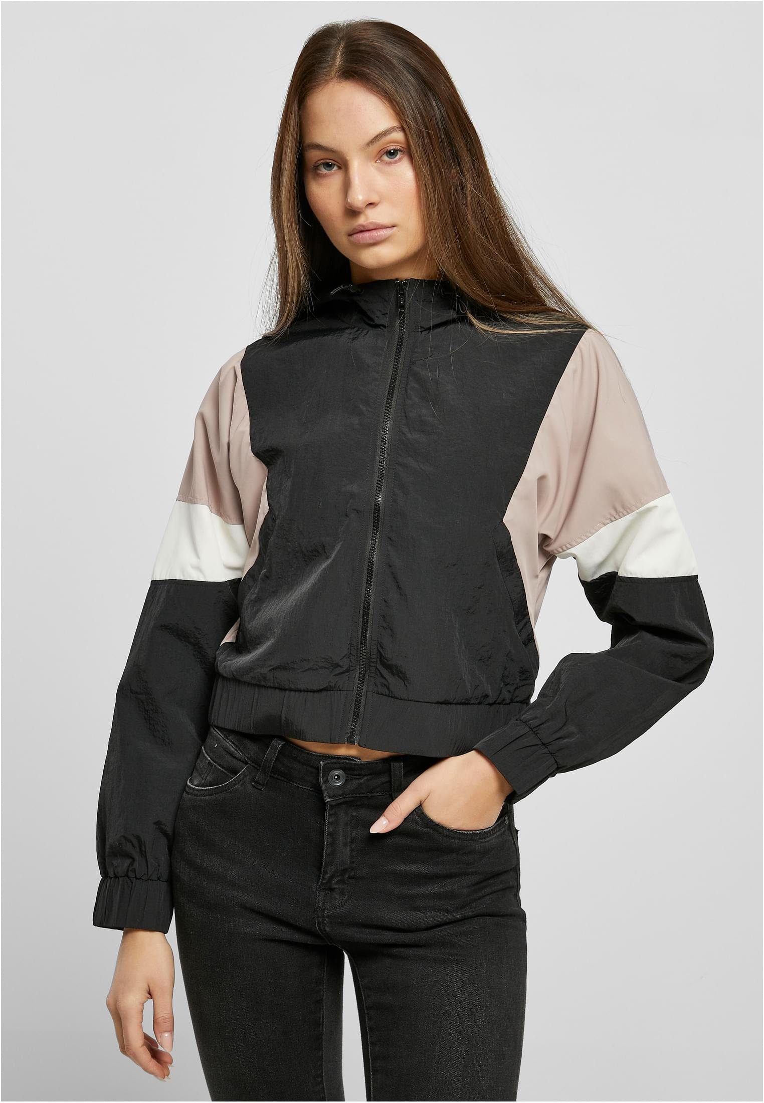 URBAN CLASSICS Outdoorjacke Damen Ladies Short 3-Tone Crinkle Jacket (1-St) black/duskrose/whitesand