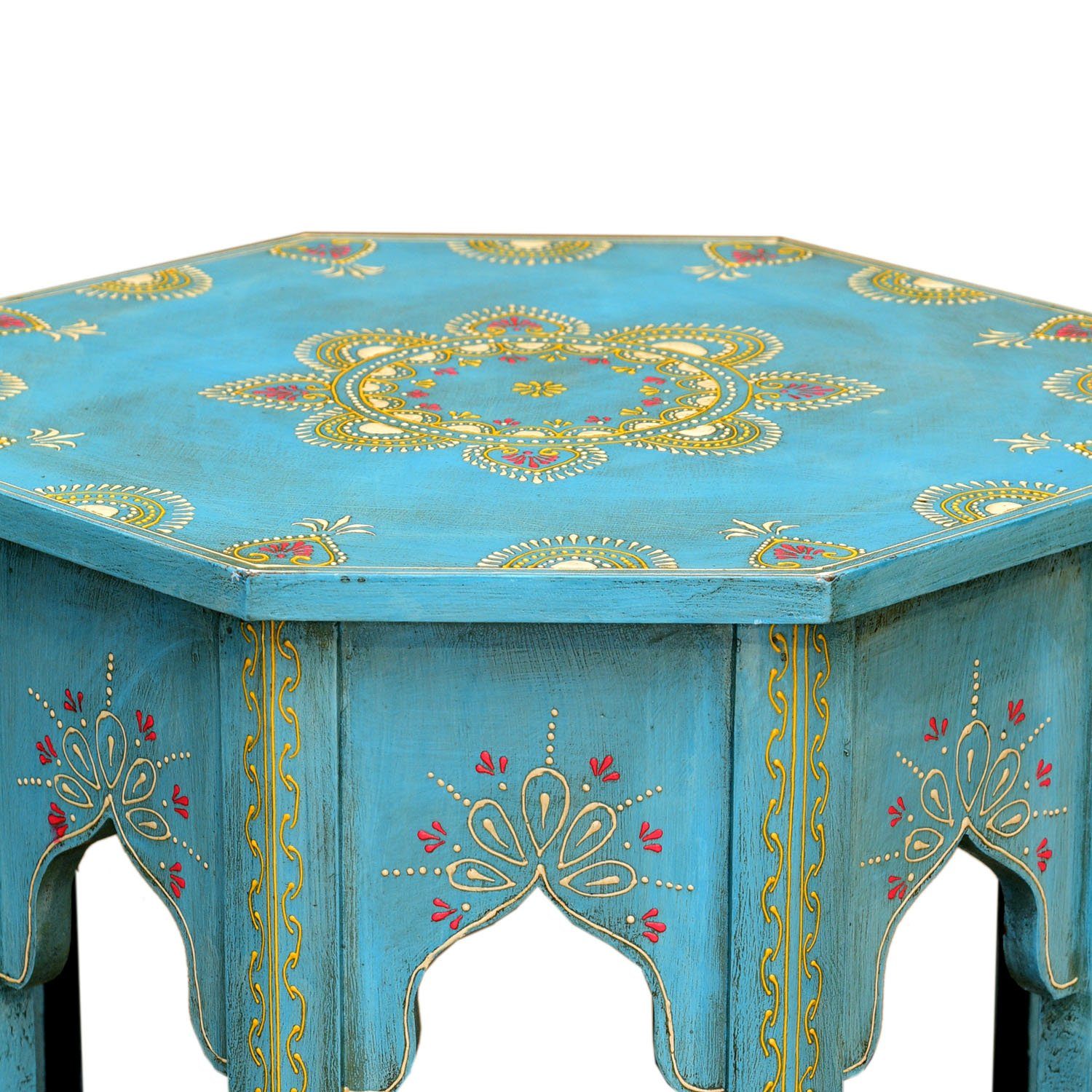Casa Moro Beistelltisch Orientalischer Tisch Saada Blau L Massivholz handgefertigt (Shabby Chic Deko Tisch Hocker, Boho Chic Couchtisch Vintage Sofatisch), Kunstvoll mit traditionellen Mustern handbemalt