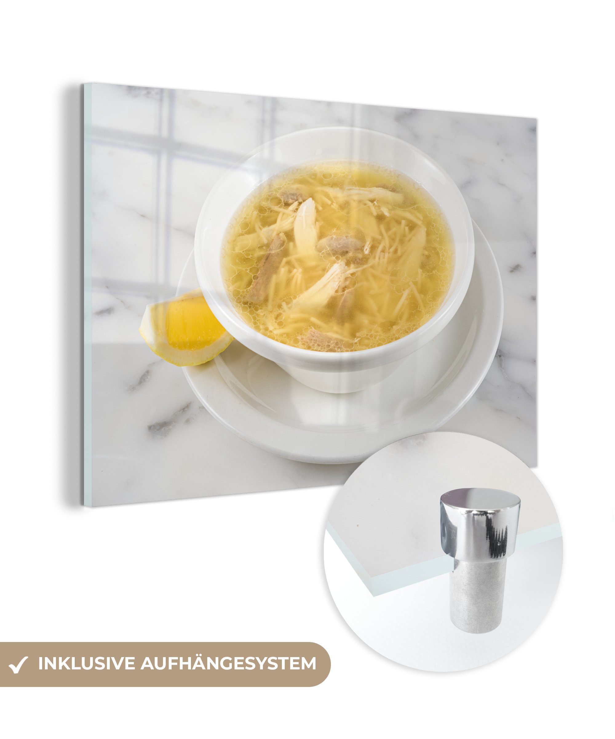 MuchoWow Acrylglasbild Hühnersuppe mit Zitrone auf weißem Marmortisch, (1 St), Acrylglasbilder Wohnzimmer & Schlafzimmer
