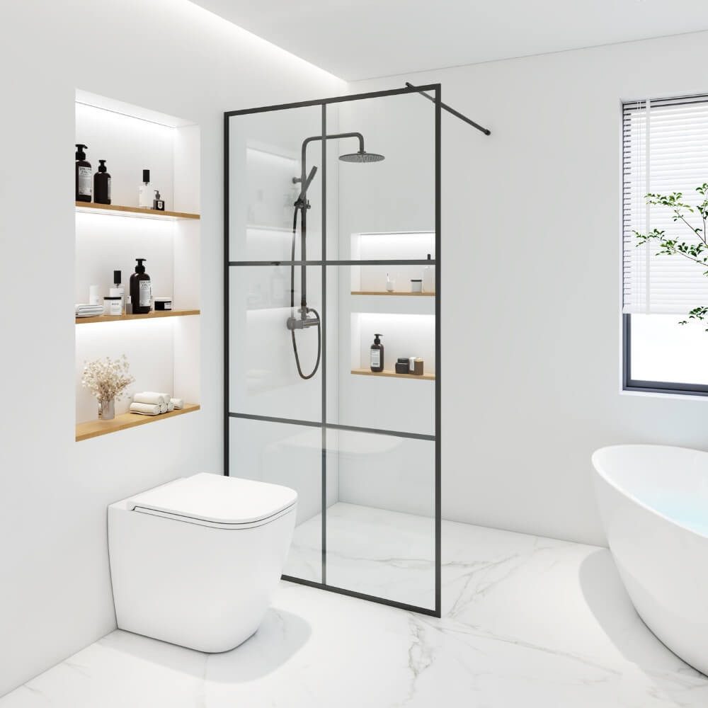 HOME DELUXE Duschwand Duschabtrennung BAKI Schwarz 6 Raster, Einscheibensicherheitsglas