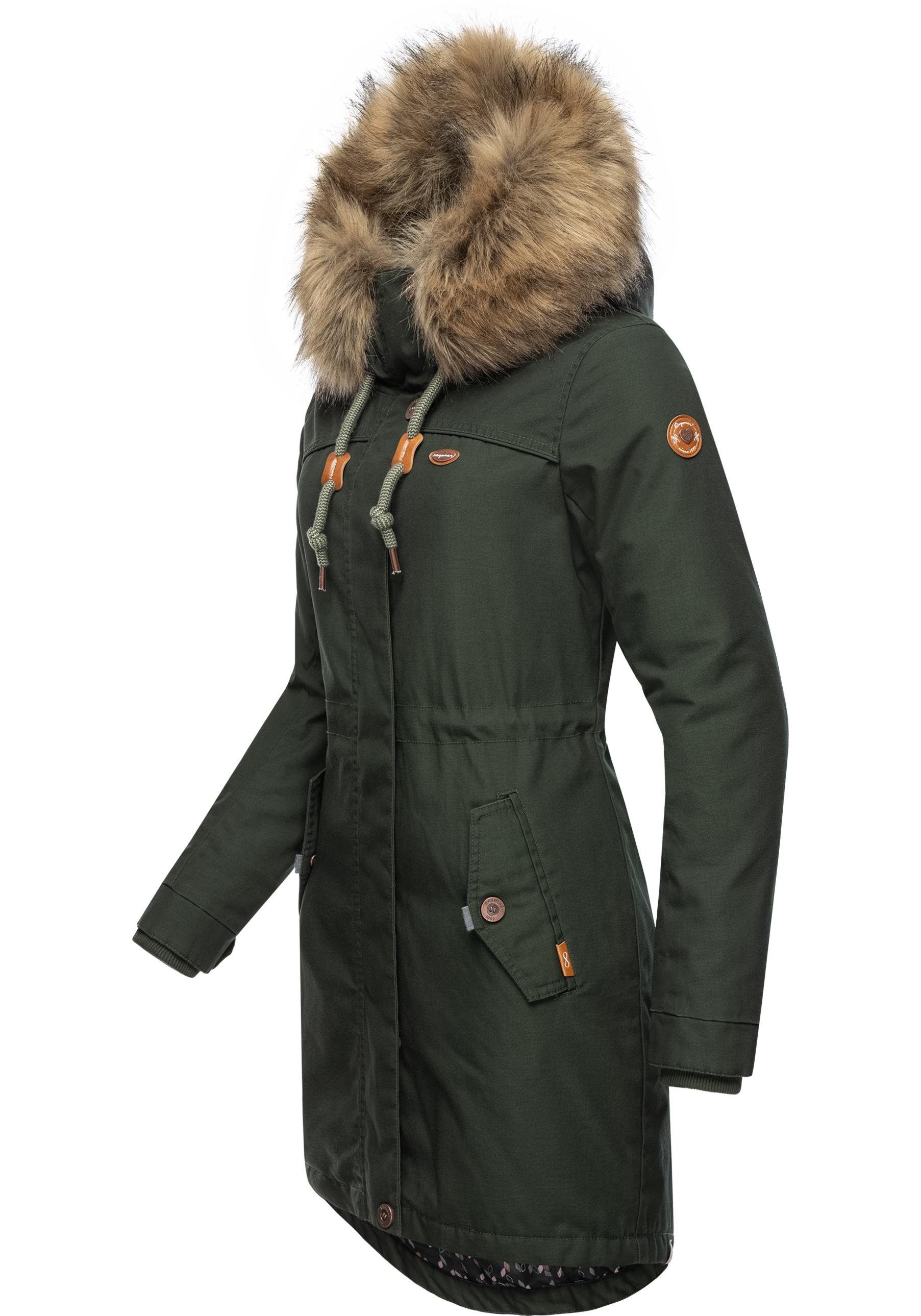 Winterjacke Kunstfellkragen Ragwear Winterparka mit stylischer flaschengrün Tawny großer Kapuze und