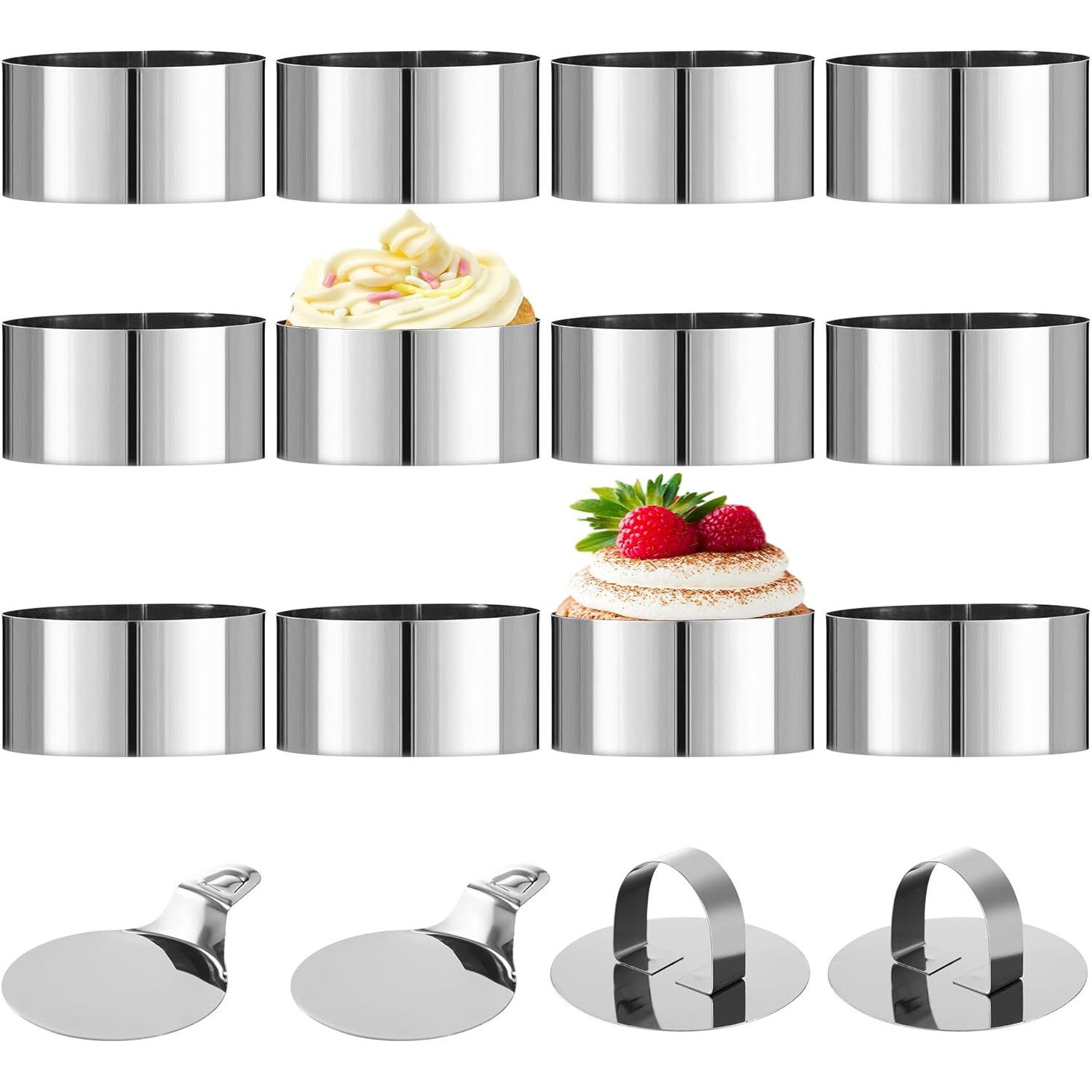 Refined Living Speisering 12 Stück Десертные кольца und Speiseringe mit 2 Grundplatten und 2 Deckeln, Edelstahl, (8cm Edelstahl Lebensmittel Ringe Nahtlose Mousse Form Springform, Backformen Set Backzubehör Kuchenform Servierringe DIY Bäckergeschenke), Profi Tortenring für Backen, Dessert, Pudding und Keksen, Anrichten