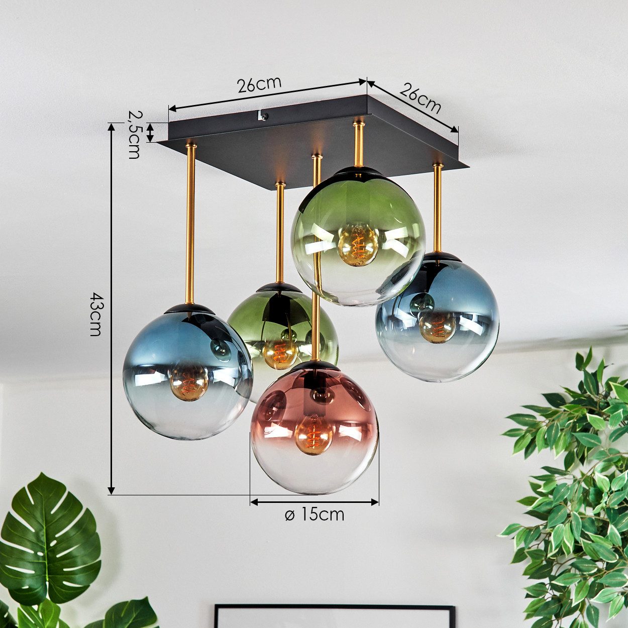 hofstein Deckenleuchte Deckenlampe aus Metall/Glas in Schwarz/Gold/Blau/Grün/Kupfer/Klar, ohne Leuchtmittel, Deckenleuchte im Retro/Vintage-Design (Schirme Ø 15 cm), 5 x E14