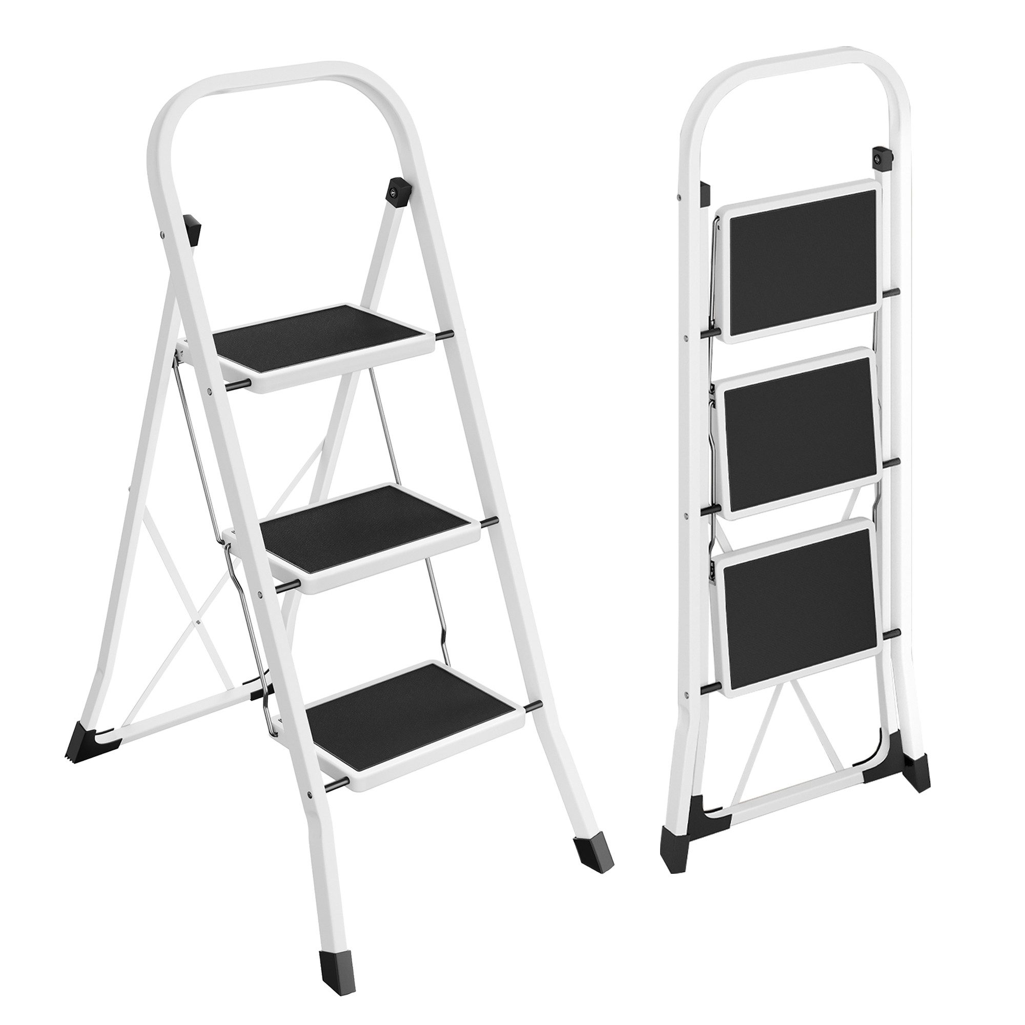 SONGMICS Trittleiter Leiter, Klappsicherung, einfach zu verstauen, bis 150 kg belastbar, mit 3 Stufen, Klapptritt, 74,5 x 46,5 x 105 cm (T x B x H)