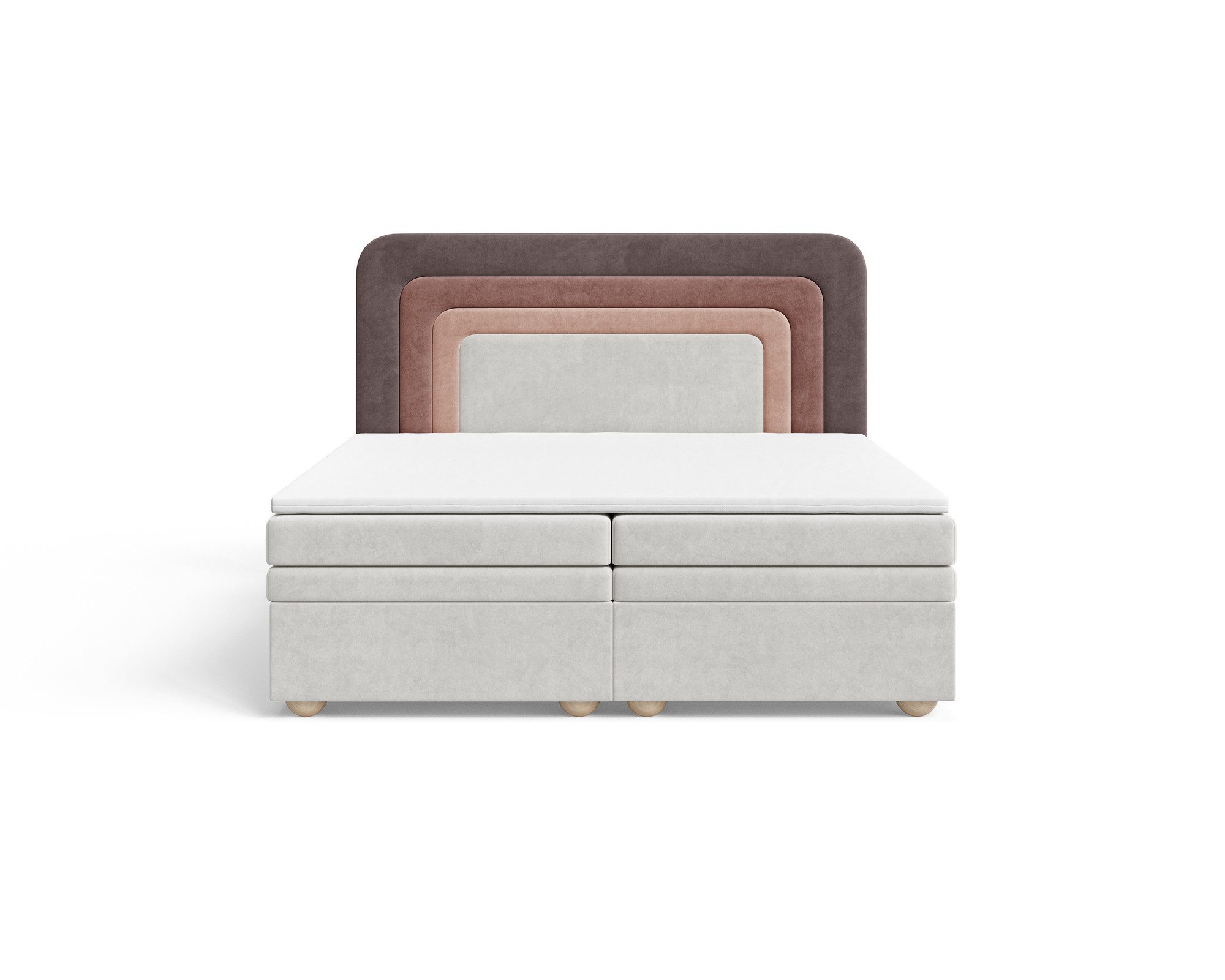 MOEBLO Boxbett NEST (Erdtöne Bett in neutralen Farben, regenbogenförmige abgerundete Kopfstütze, mit Bettkasten, Samt, Velour, Bonell + Topper, Doppelbett Taupe – Bild 4 von 5