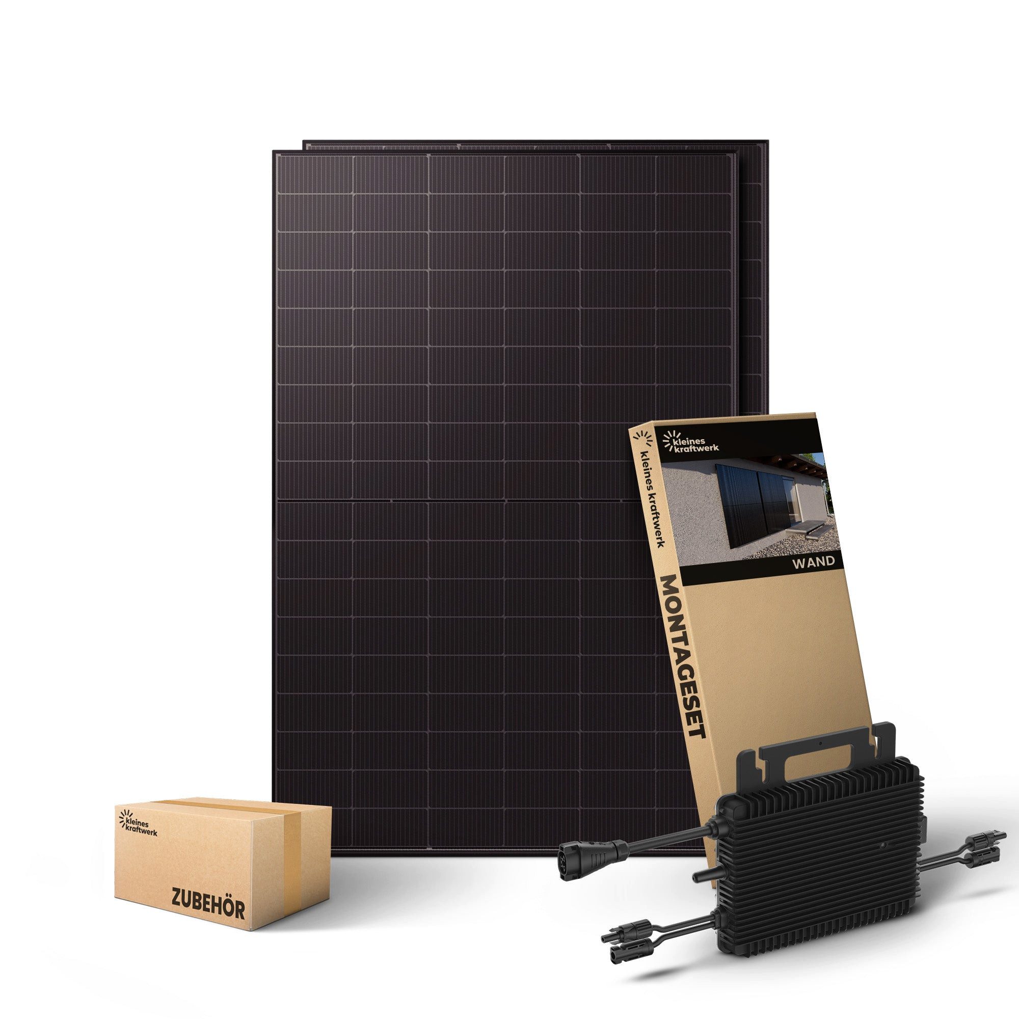 Kleines Kraftwerk Balkonkraftwerk, 1000 W, Monokristallin, (Wand, Solaranlage Komplettset mit Wechselrichter), 2 x 500W, Wechselrichter, Stromanschlusskabel, Solarverlängerungskabel