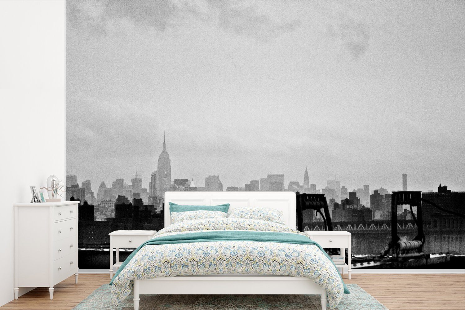 MuchoWow Fototapete New Yorker Skyline in schwarz-weiß, Matt, bedruckt, (6 St), Wallpaper für Wohnzimmer, Schlafzimmer, Kinderzimmer, Vinyl Tapete | Fototapeten