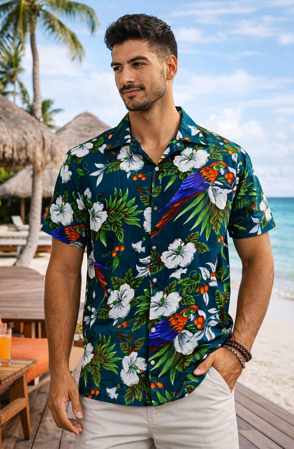 King Kameha Hawaiihemd "Cherry Parrot" Funky Hawaiihemd Herren Kurzarm Fronttasche Sommerhemd – Bild 2 von 5