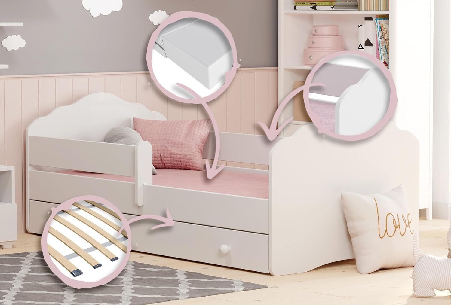 Kids Collective Kinderbett für Mädchen mit Matratze und Schublade & Lattenrost (70x140, 80x160 cm Jugendbett Einzelbett Komplettbett in weiß), Bett für Kinder B – Bild 5 von 5