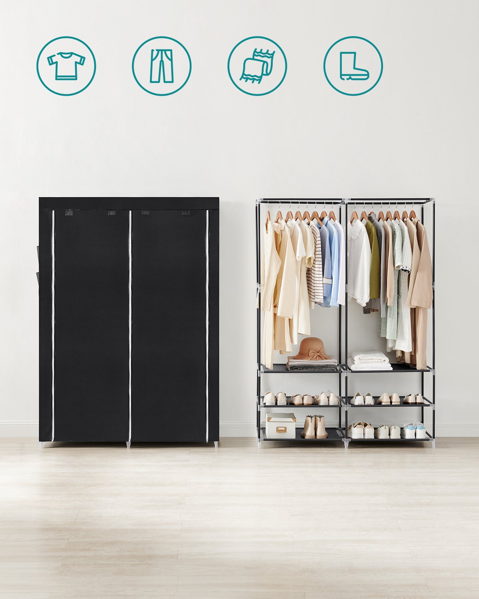 SONGMICS Kleiderschrank Stoffschrank, Schrank mit Kleiderstange, Ablagen, Seitentaschen, groß 45 x 127 x 176 cm, 2 Hängefächer, mit Ablagen, 4 Seitentaschen – Bild 4 von 5