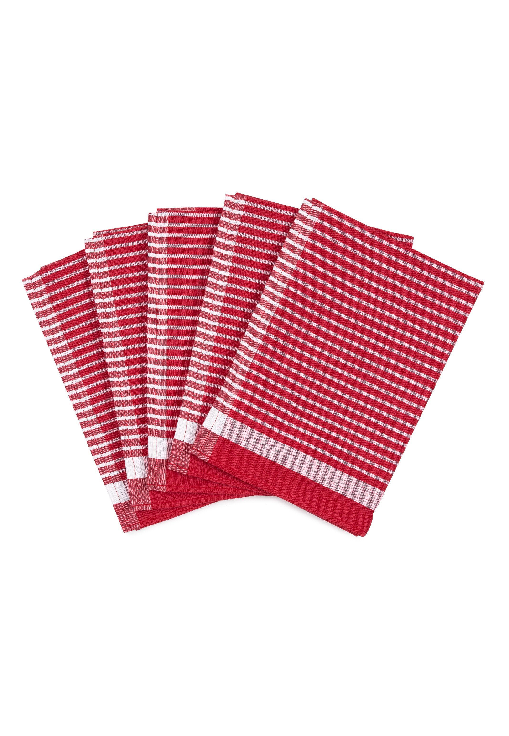 ROSS Geschirrtuch Exclusiv - Halbleinen - Streifen, (Spar-Set, 5-tlg., 5 X Geschirrtuch (50 X 70cm), 5 X Geschirrtuch im Set - Baumwolle - Strapazierfähig Rot | Geschirrtücher