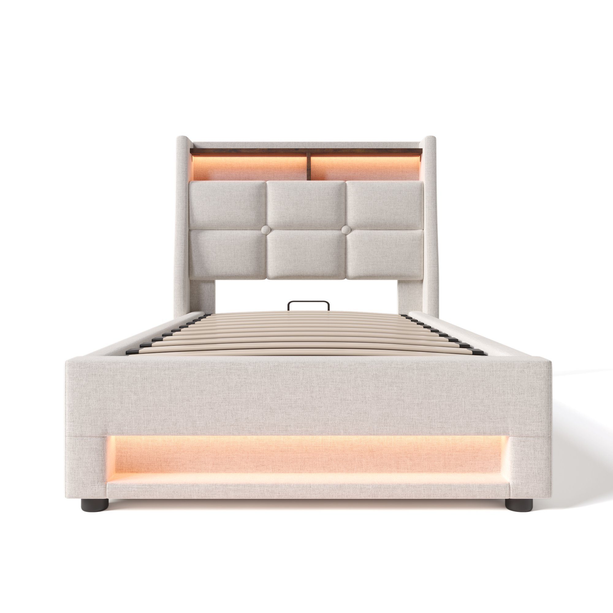 Polsterbett (Funktionsbett, 90x200 cm Hydraulisches Bett mit Lattenrost), Stauraumbett mit LED-Beleuchtung und USB-Anschluss, Baumwolle-Leinen