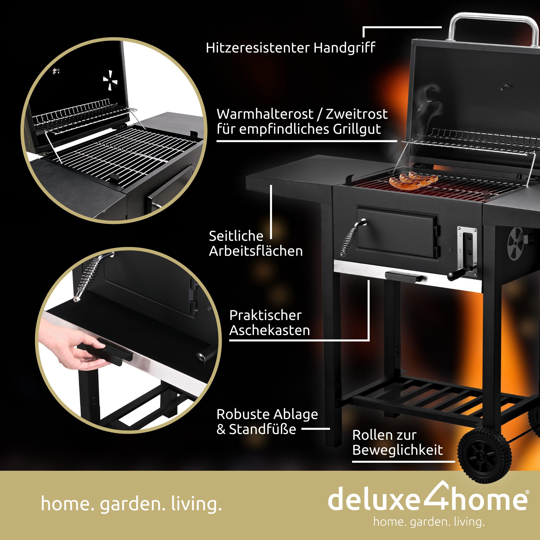 deluxe4home Holzkohlegrill Grillwagen XXL mit Deckel I Grill Rollbar mit Seitenablage I Rollgrill, inkl. Grillhandschuh