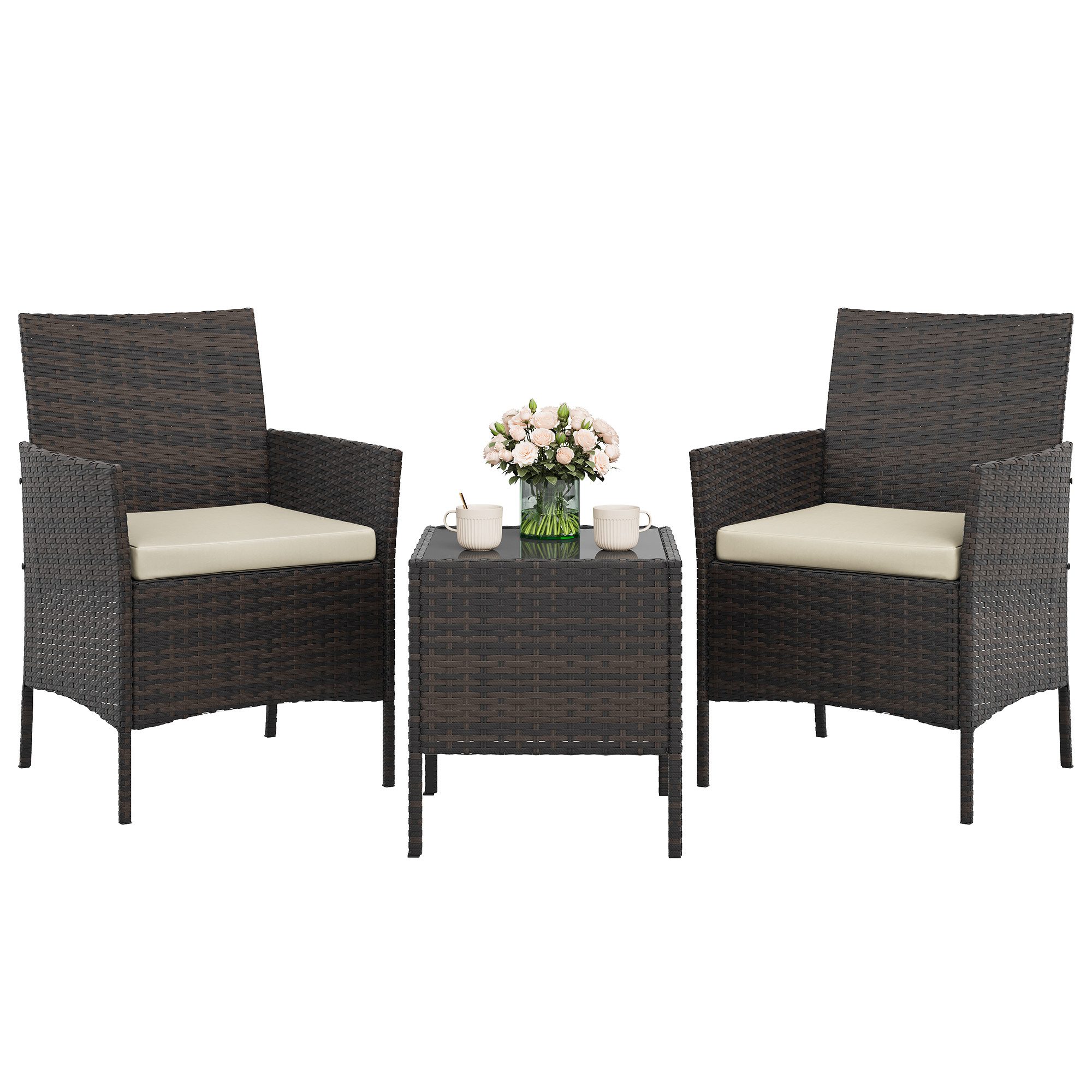 GarveeMore Gartenlounge-Set Balkonset Rattan Sitzgruppe mit 2 Sessel & 1 Kaffeetisch, 3-tlg., 2 Gartenstuhl, 1 Gartentisch, mit Kissen - Möbel-Sets