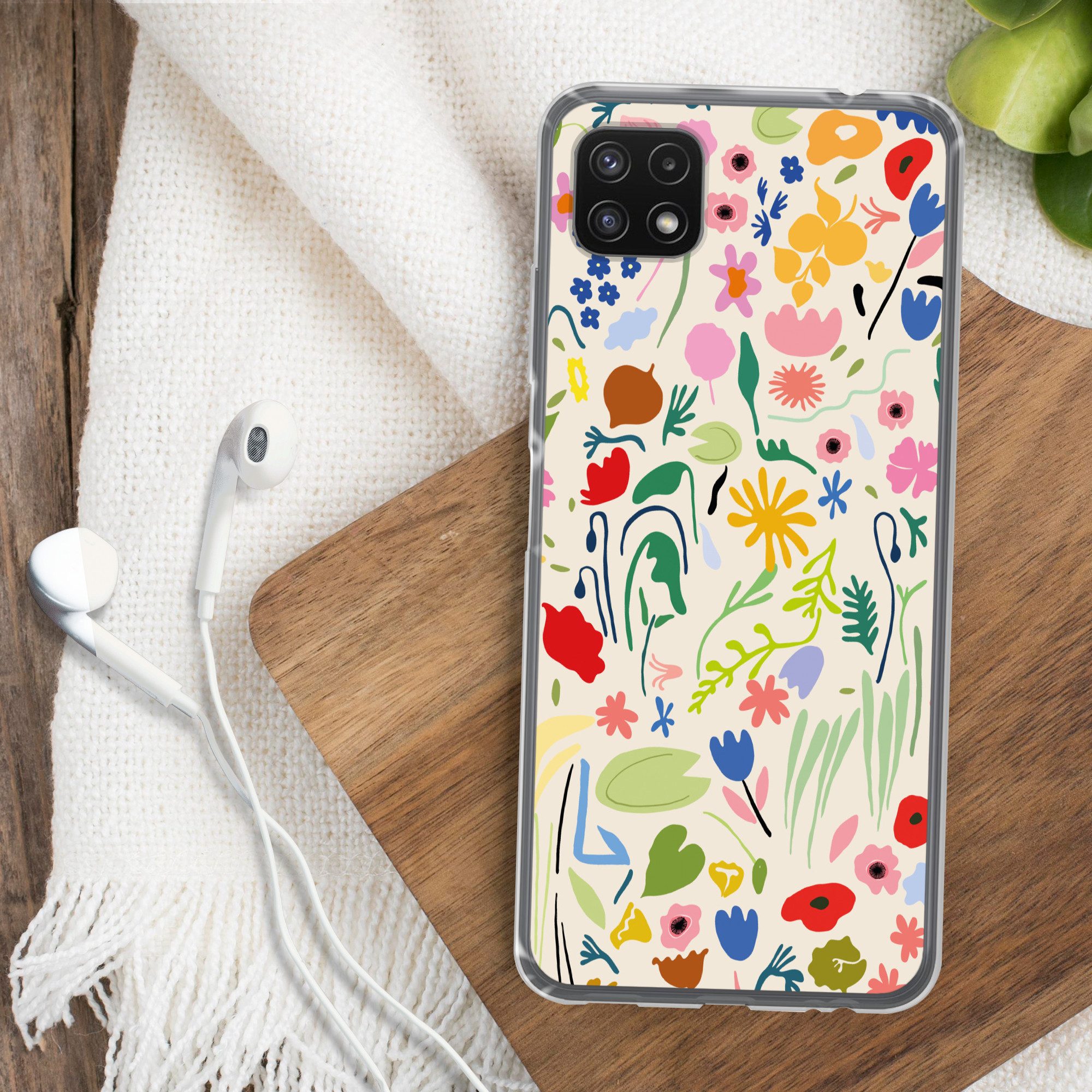 MuchoWow Handyhülle für Samsung Galaxy A22 5G Blumen - Muster - Pflanzen, Smartphone-Bumper, Print, Handy Schutzhülle Dünn