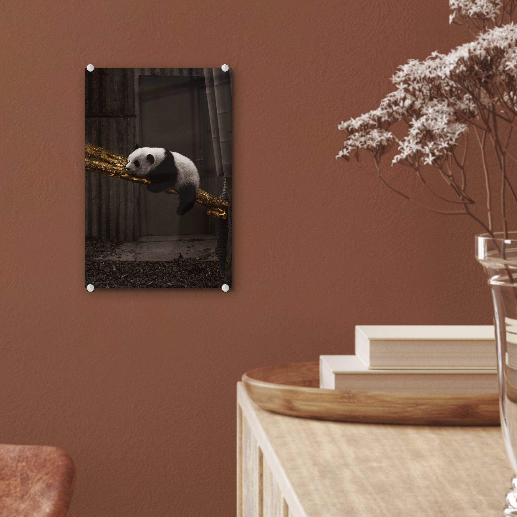 MuchoWow Acrylglasbild Wandbild Panda Glas - auf St), Wanddekoration - - Schwarz, auf - - Bilder Gold Glasbilder (1 Foto Glas