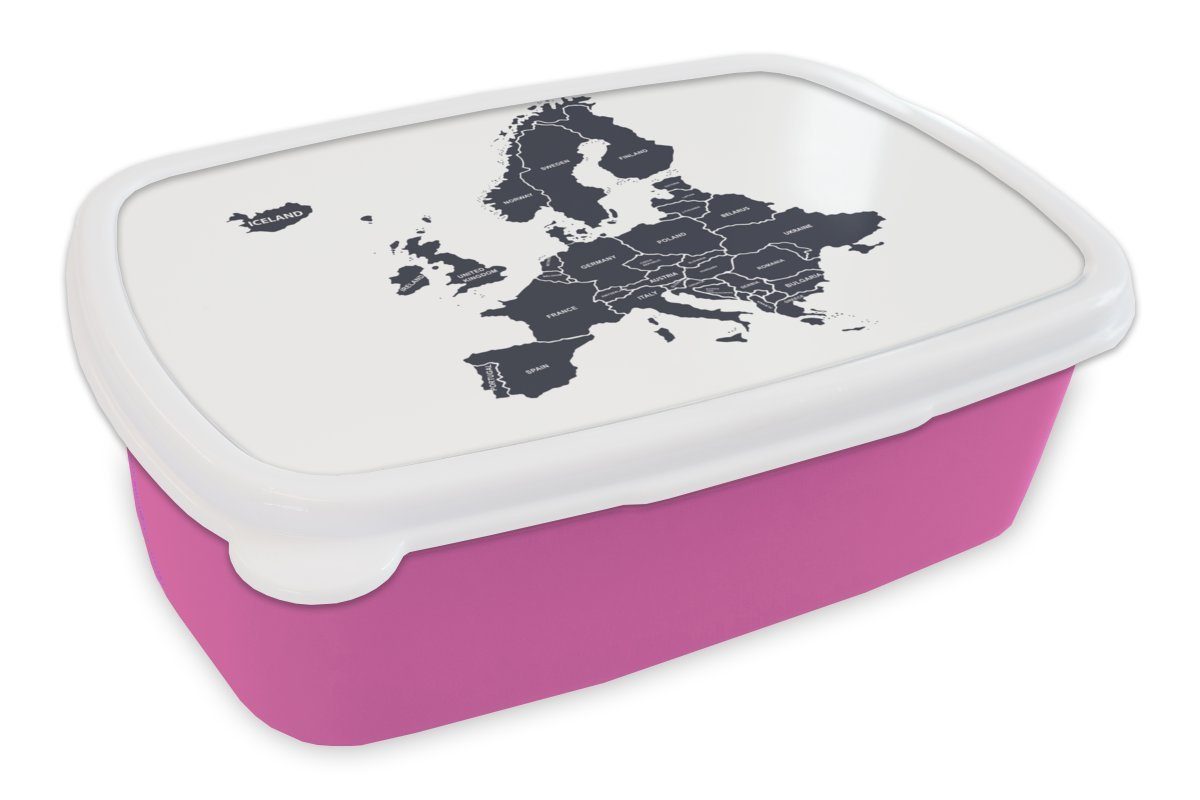 MuchoWow Lunchbox Karte Mädchen, Kunststoff - (2-tlg), Blau, Kinder, Brotbox - für Erwachsene, rosa Brotdose Kunststoff, Snackbox, Europa