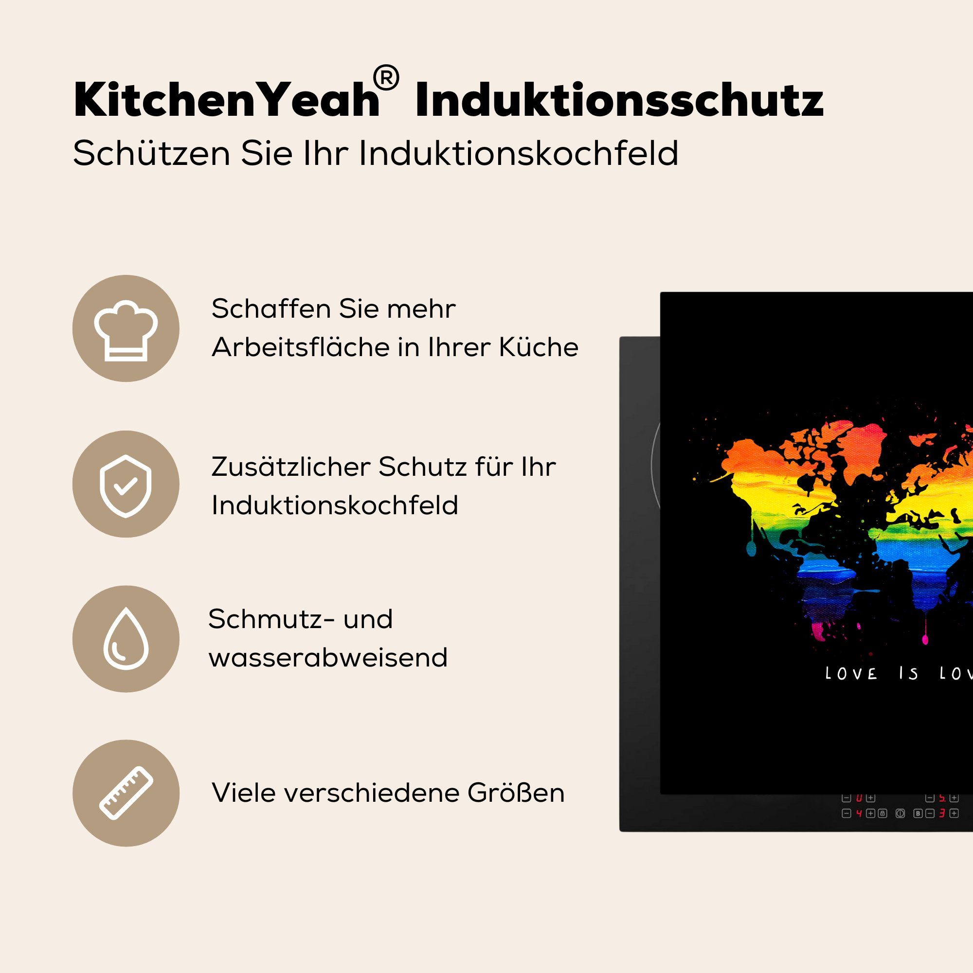 MuchoWow Weltkarte Liebe, Arbeitsplatte Herdblende-/Abdeckplatte (1 für - Ceranfeldabdeckung, - 78x78 küche Vinyl, tlg), Stolz cm,