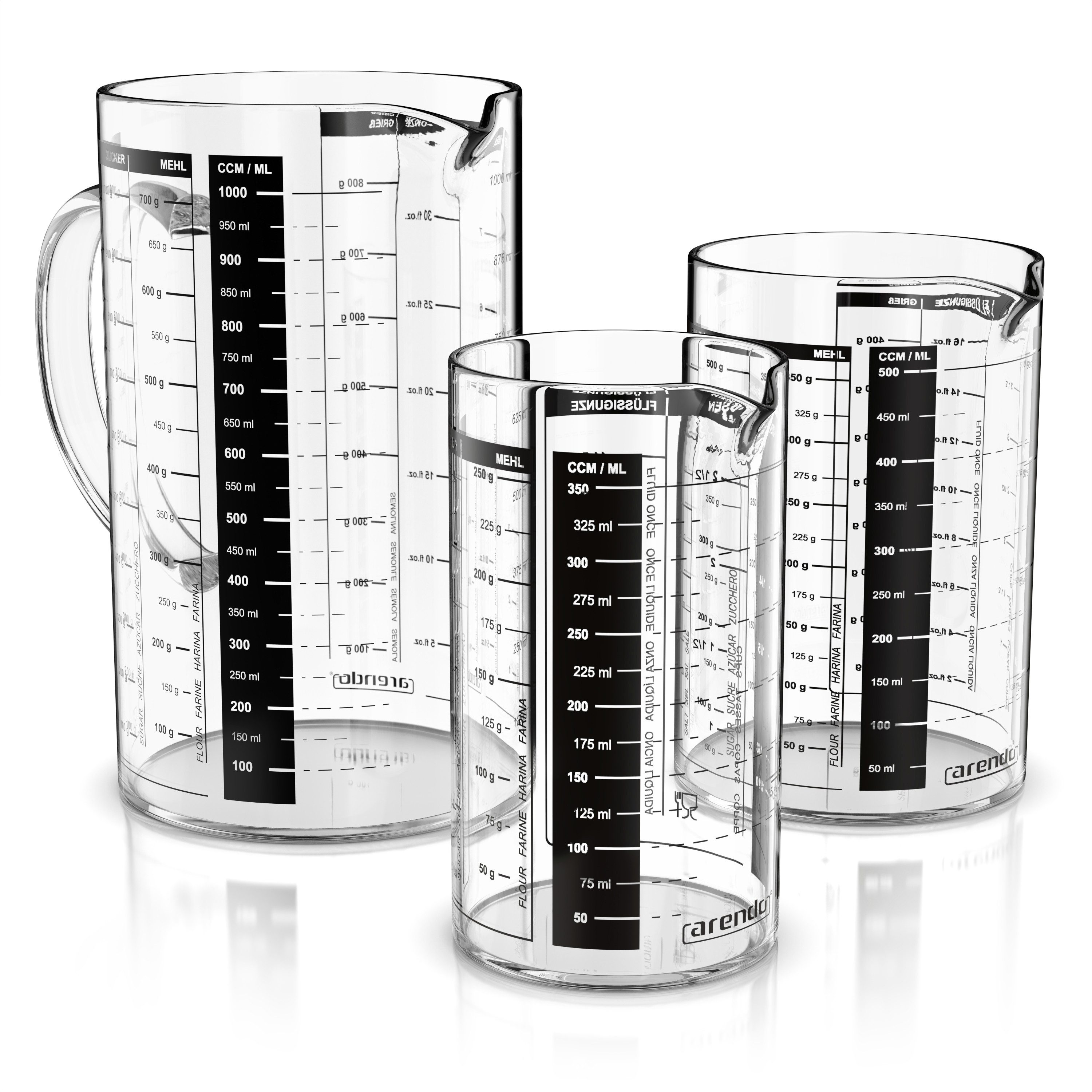 Arendo Messbecher 350ml, 500 ml & 1000 ml Glas Messkrug Set, ineinander stapelbar, Glas, (Set, 3-St., 3x Borosilikat Rührbecher: 0,35 L / 0,5 L / 1 L), Küchenbehälter 8teilige Skalierung für Mehl Zucker Gewürze Süßigkeiten