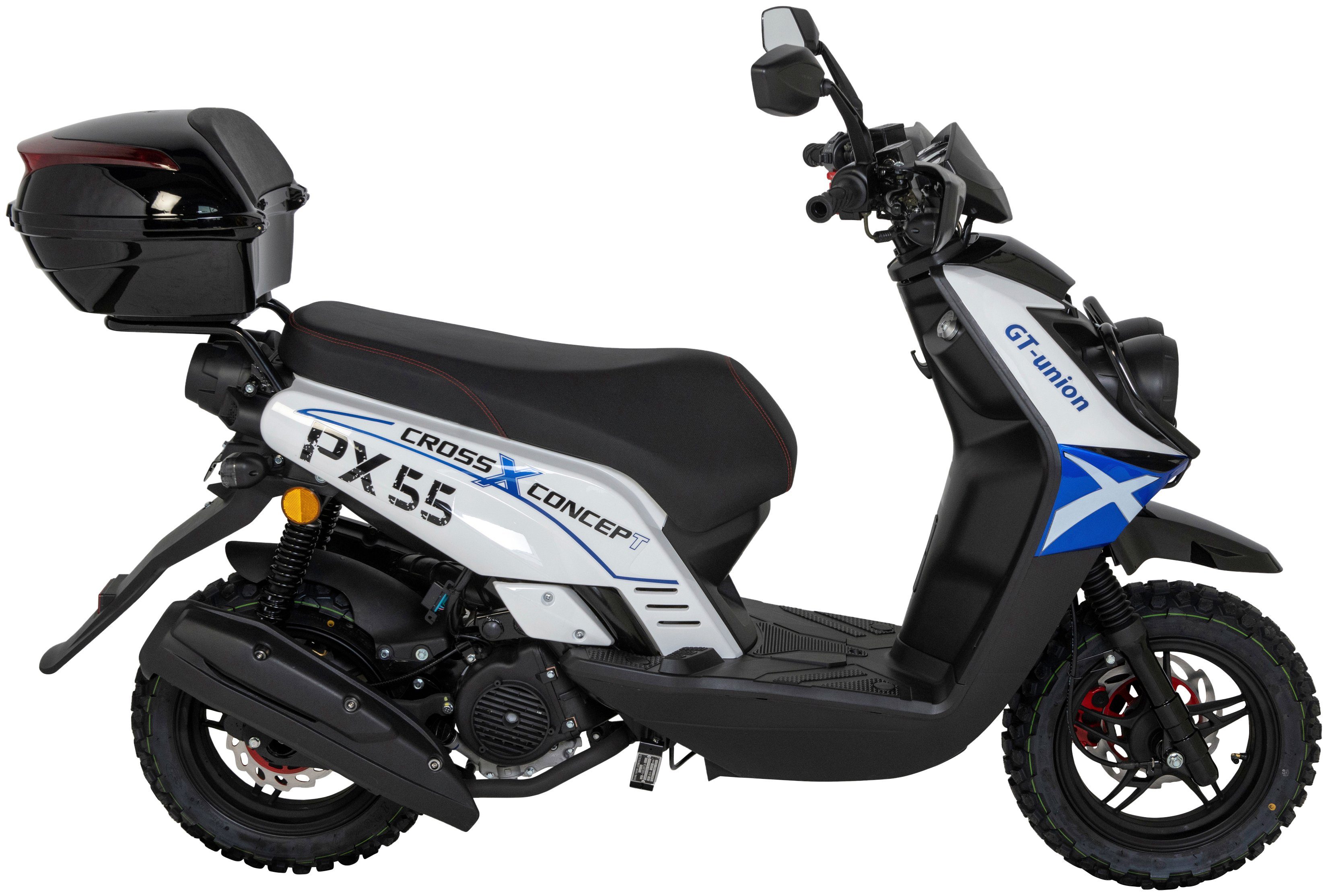 mit GT PX 125 5, (Set), 55 km/h, weiß/blau/schwarz Cross-Concept, Topcase Motorroller UNION ccm, 85 Euro