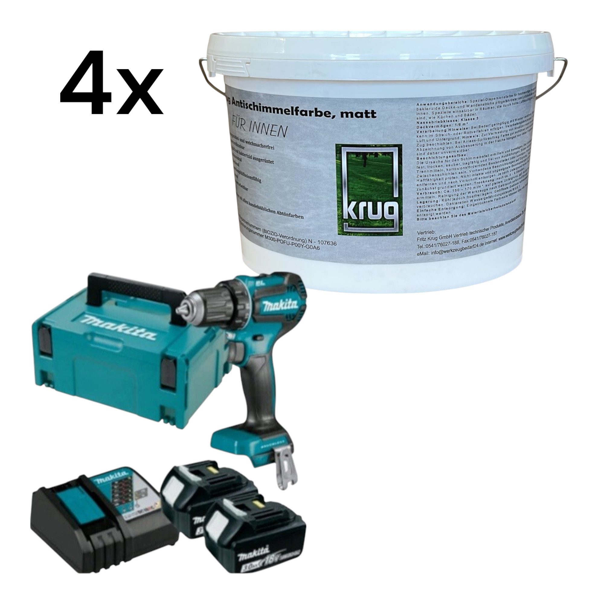 Makita Feuchtraumfarbe Set 4 x Krug Antischimmelfarbe Matt 2,5 Liter+ Makita DDF485RFJ2 2 x 3