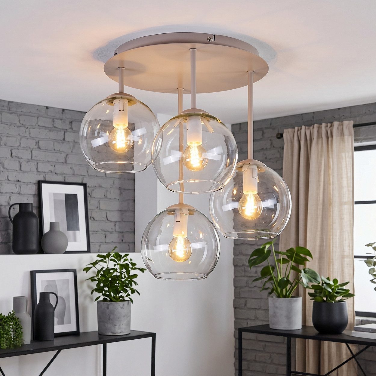 hofstein Deckenleuchte Deckenlampe aus Metall/Glas in Sandfarben/Klar, moderne Deckenleuchte im Retro/Vintage/Boho-Design, 4 x E14